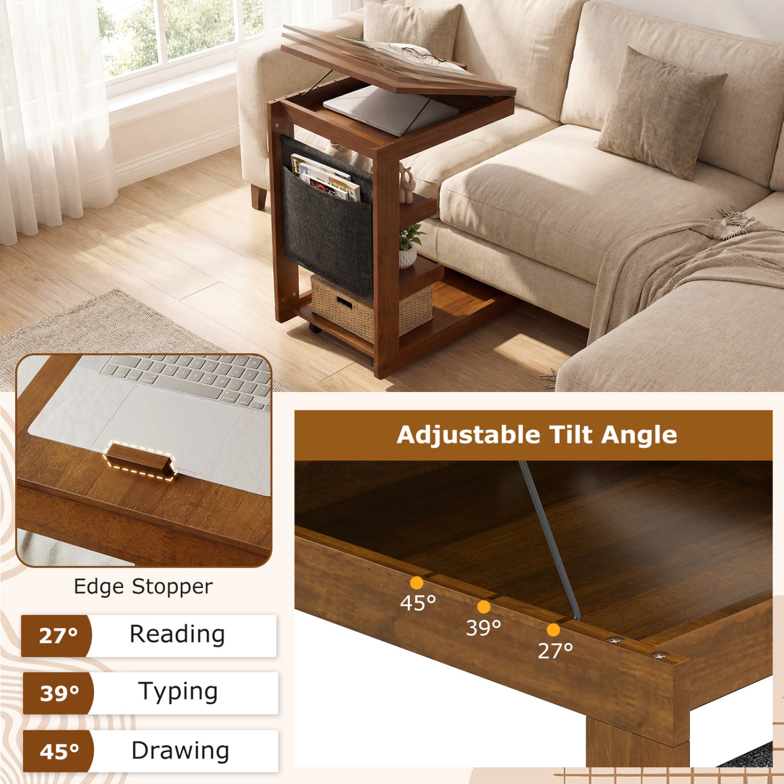 SUGIFT Brown Rolling C-Shaped Side Table with Tilting Laptop Desk and 3 Shelves