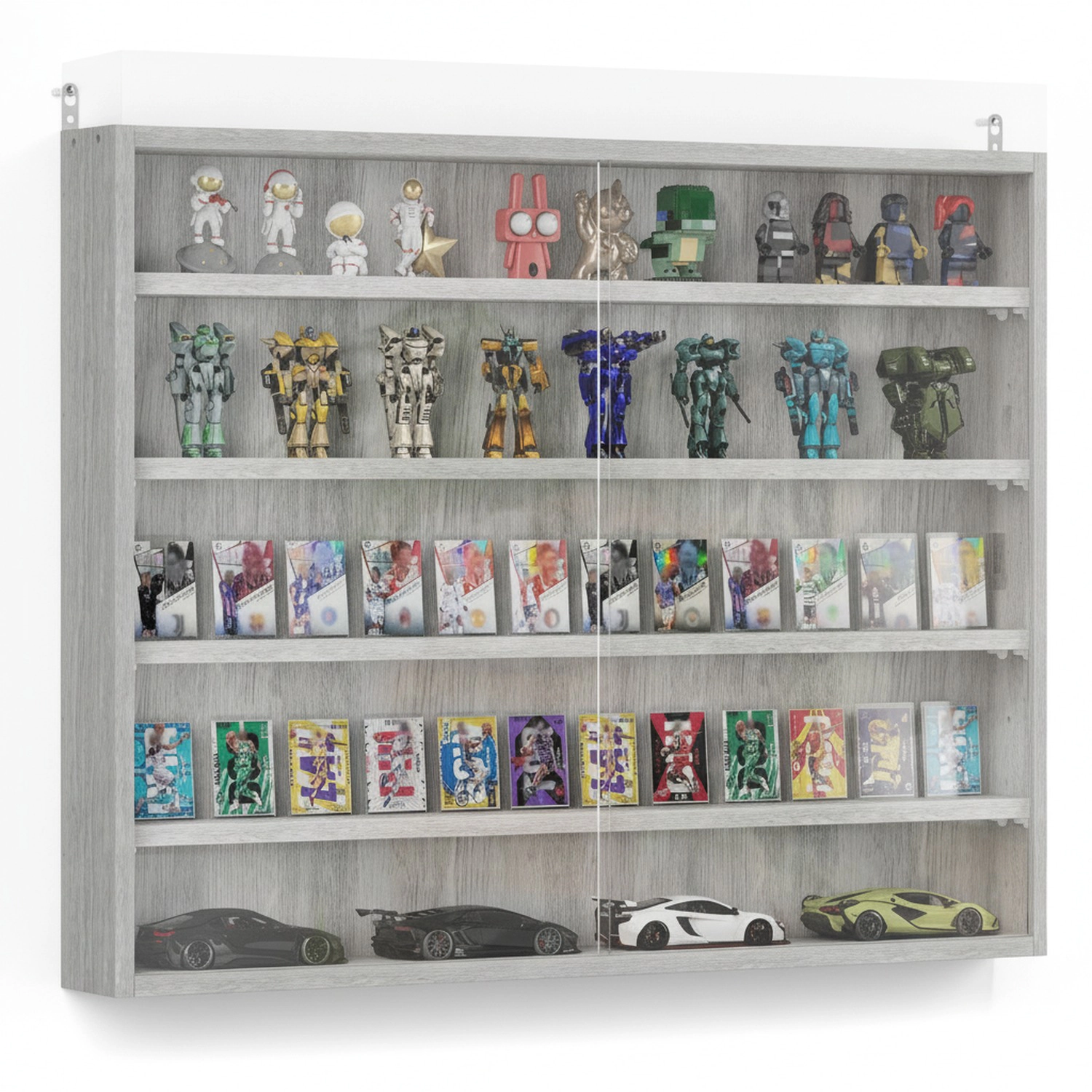 HONGGE 5-Tier Display Cabinet Wall-Mounted Case with 2 Glass Doors and Adjustable Shelves