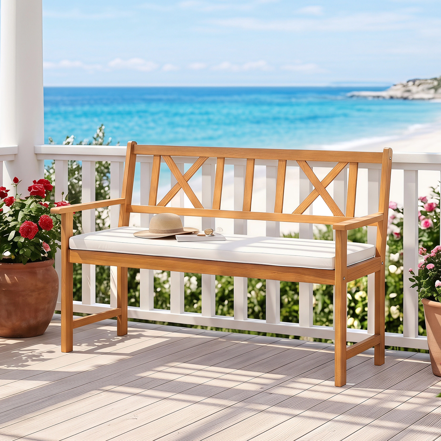 LJG 2-Person Patio Acacia Wood Garden Chair with Removable Seat Cushion