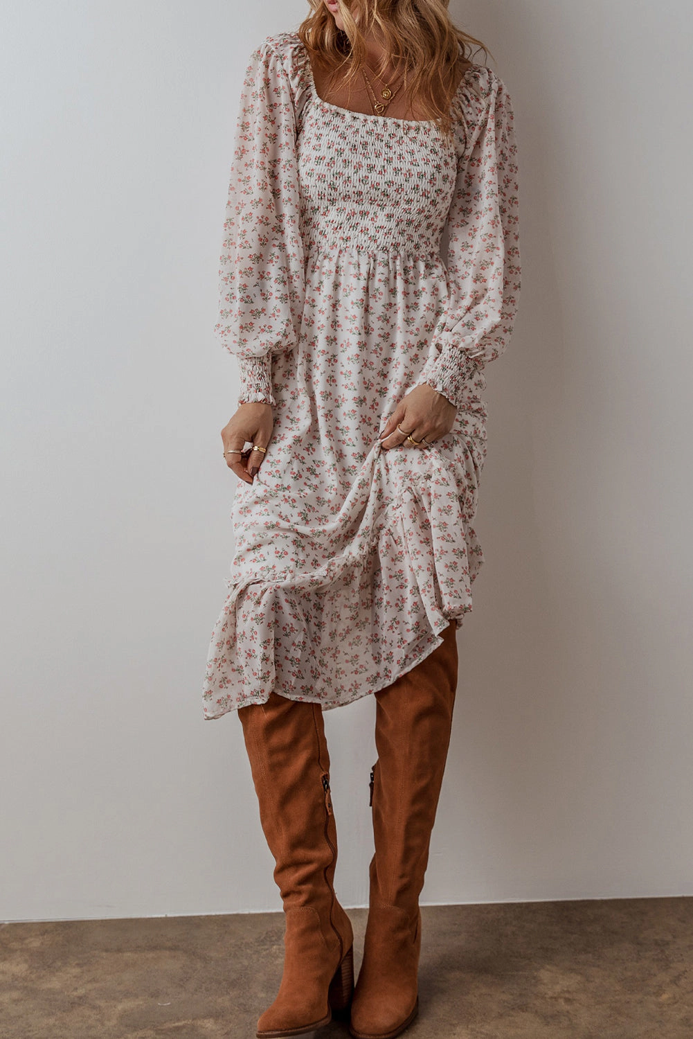Threaded Pear Women's Delaney Ruffled Hem Square Neck Midi Dress