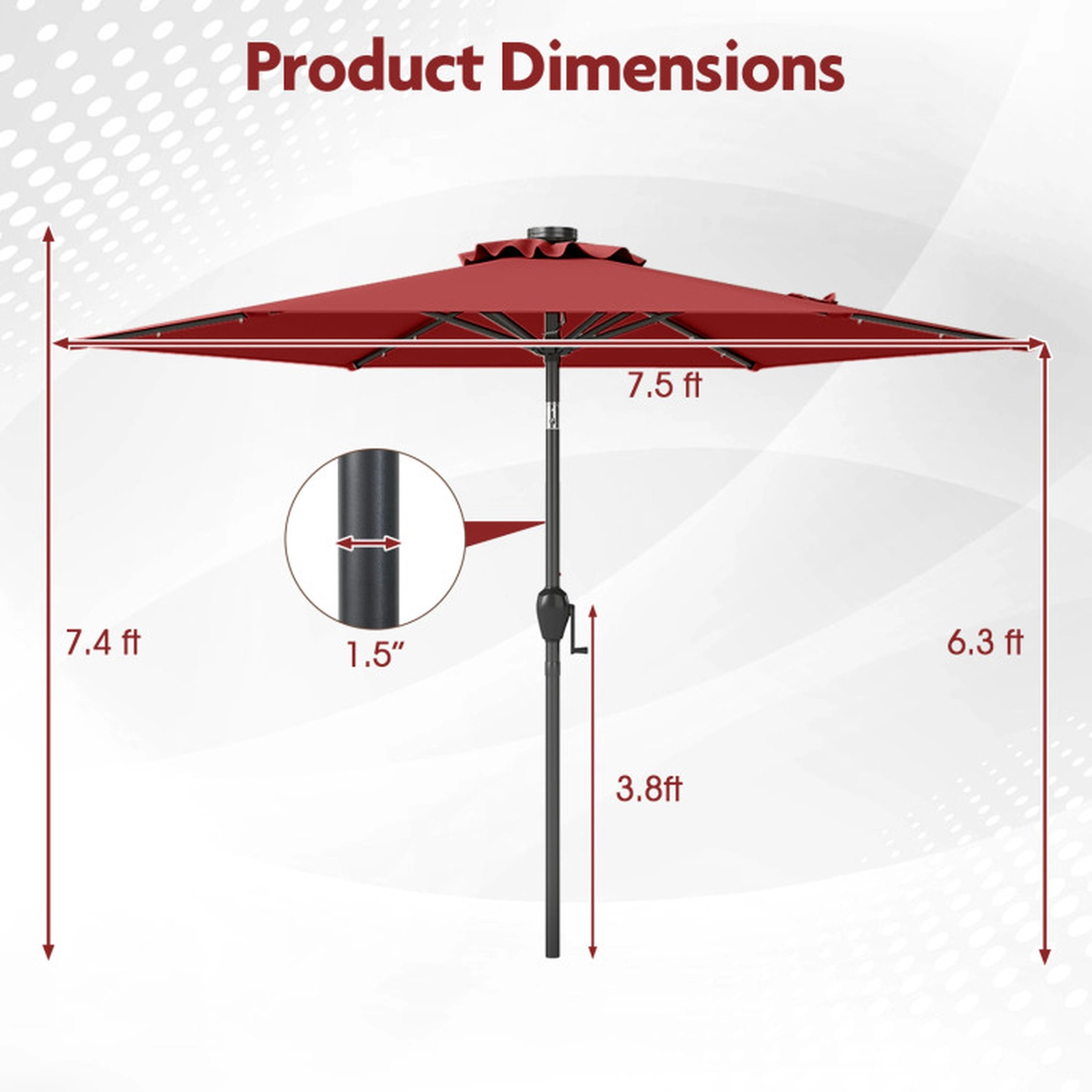 SUGIFT 7.5-ft Solar Powered Patio Umbrella with 18 LED Lights Crank Handle Metal Frame Polyester Canopy Burgundy