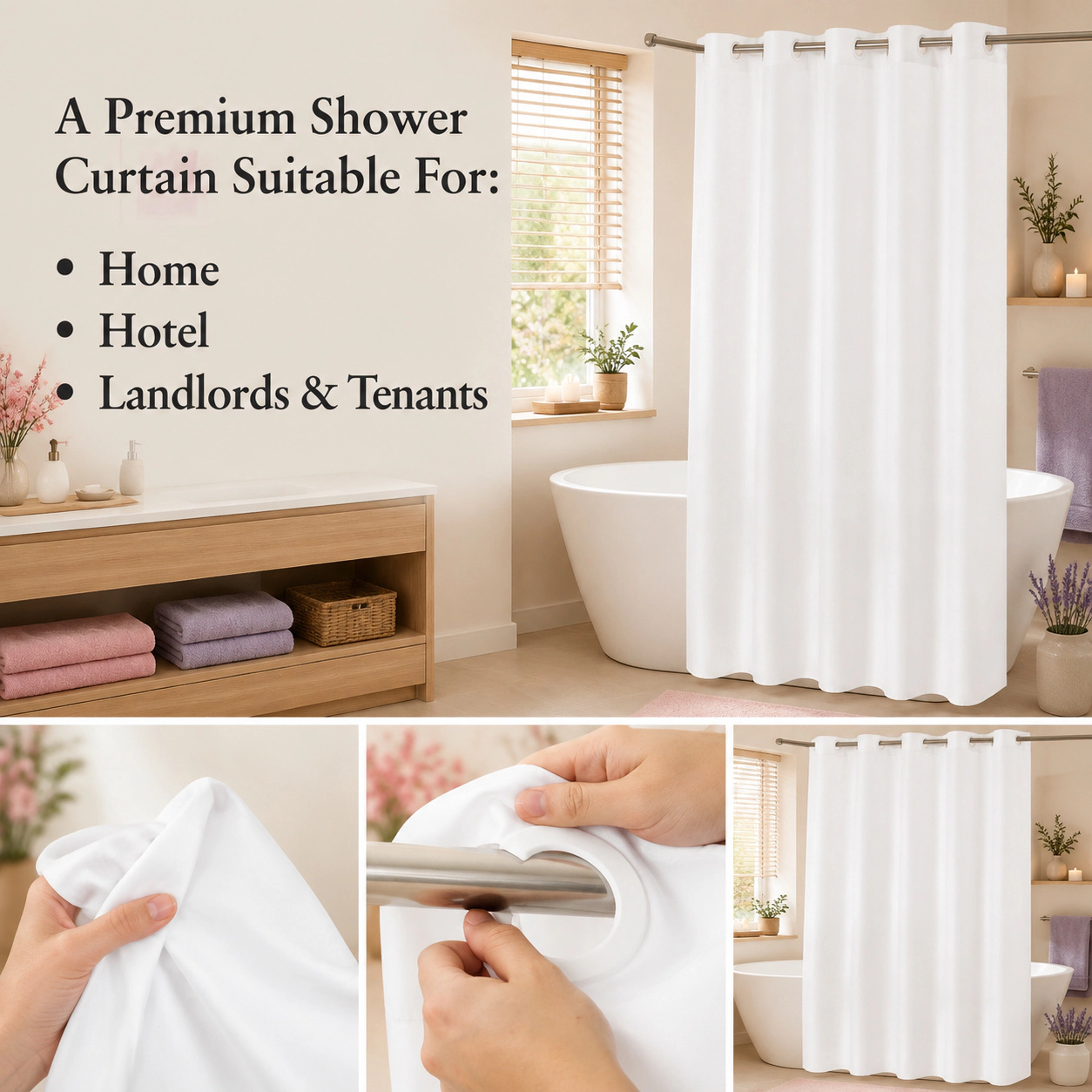 WZK No Hook White Fabric Waterproof Magnetic Hem Easy Care Hotel Quality Shower Curtain