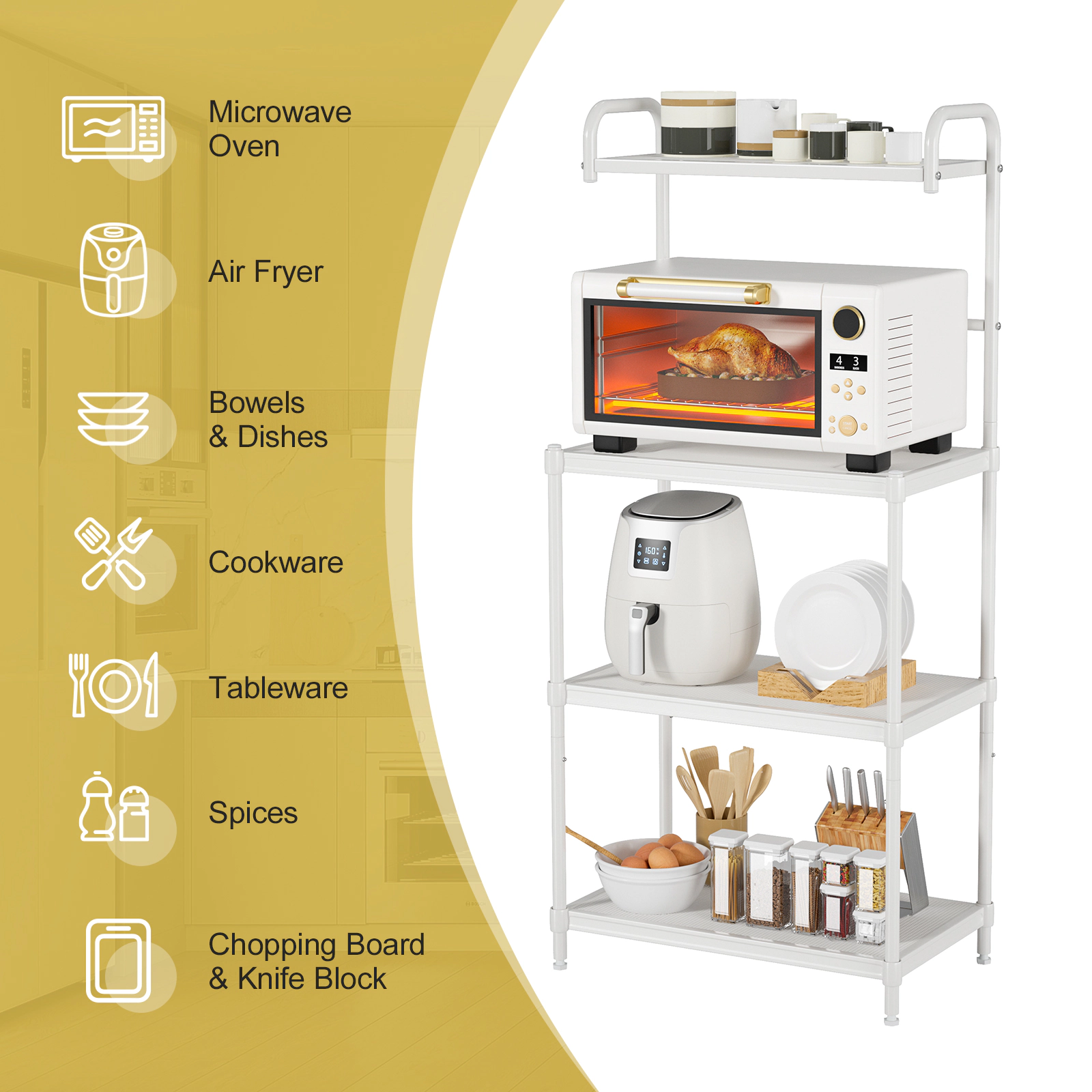 SUGIFT 4-Tier Kitchen Storage Baker Rack White with Mesh Wire Shelves and Hanging Bar