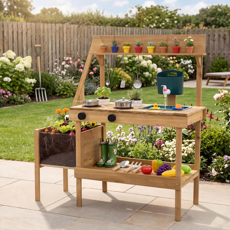 Hivvago Kids Mud Kitchen Wooden Play Kitchen with Planter Box