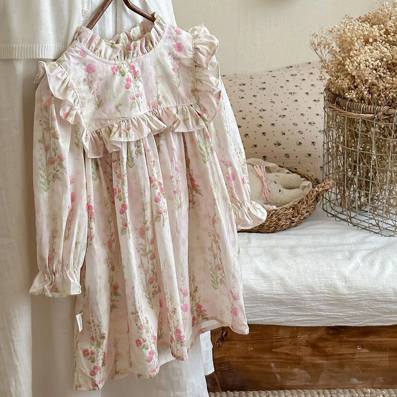 MyKids-USA Arrival French Style Autumn Girls Floral Pattern Long Sleeves Ruffle Dress