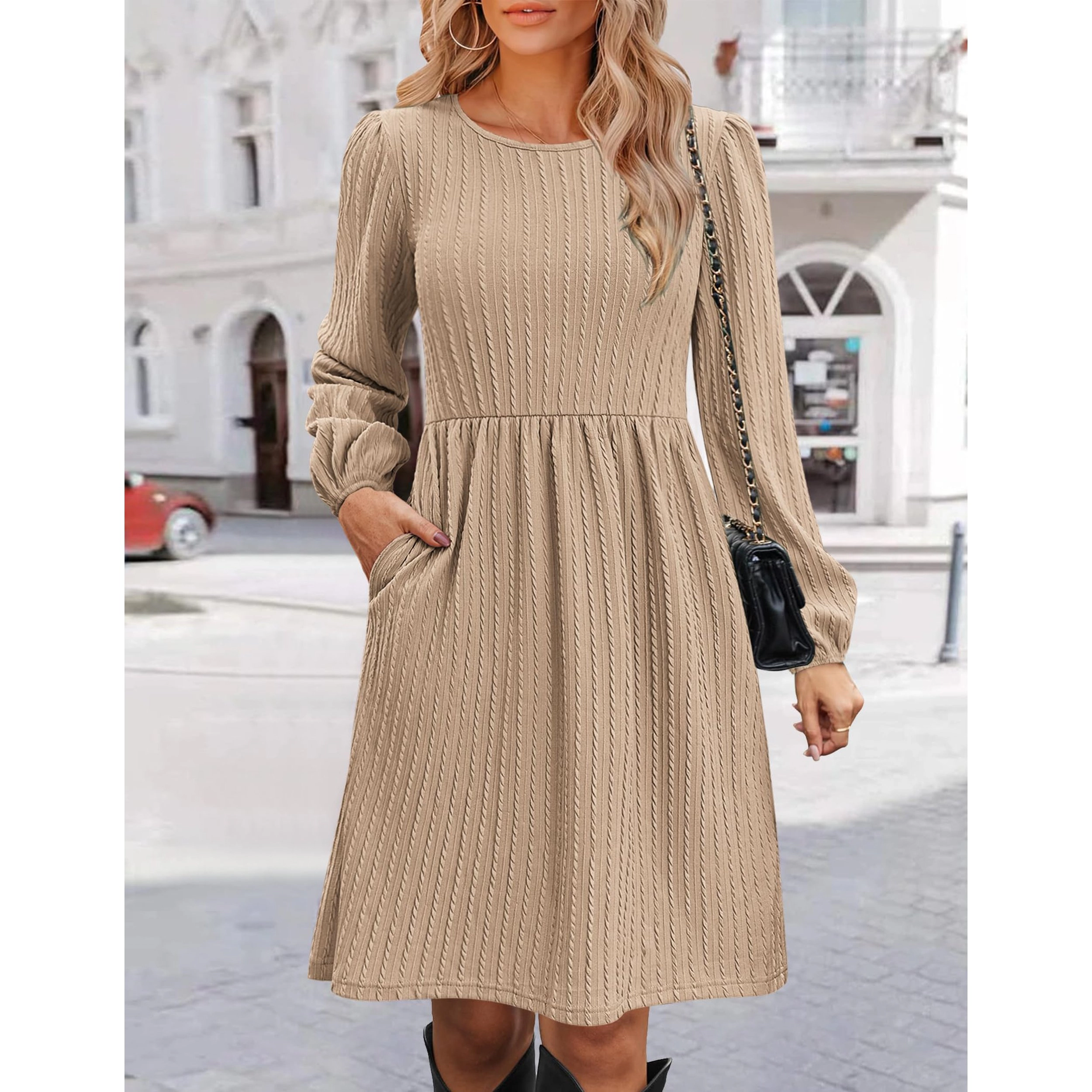 Zeagoo Women's Round Neck Long Sleeve Knee Length Dress