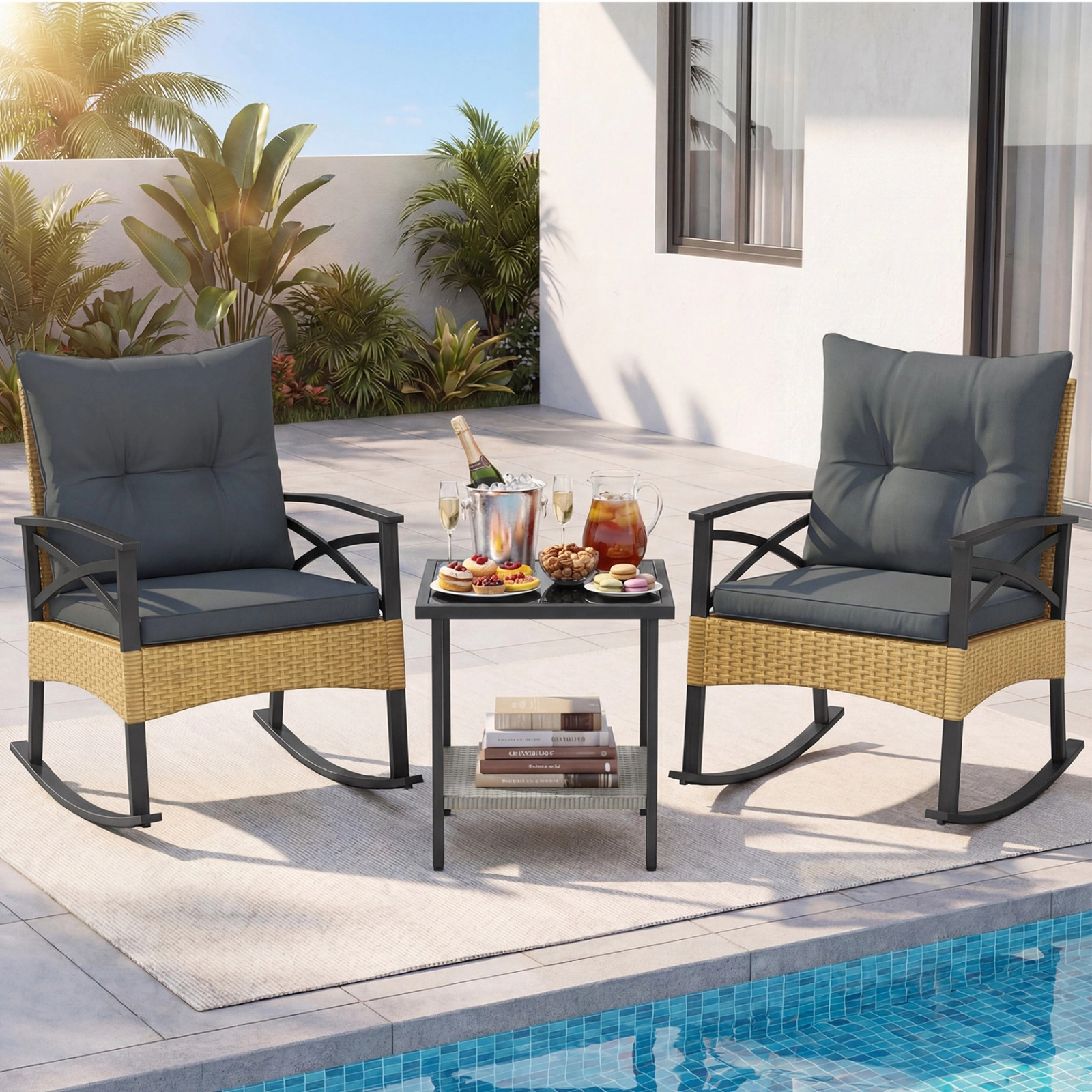 SUGIFT Outdoor Rocking Chair Conversation Set with 2-Tier Side Table 400-Lb Chair Capacity Gray Cushions