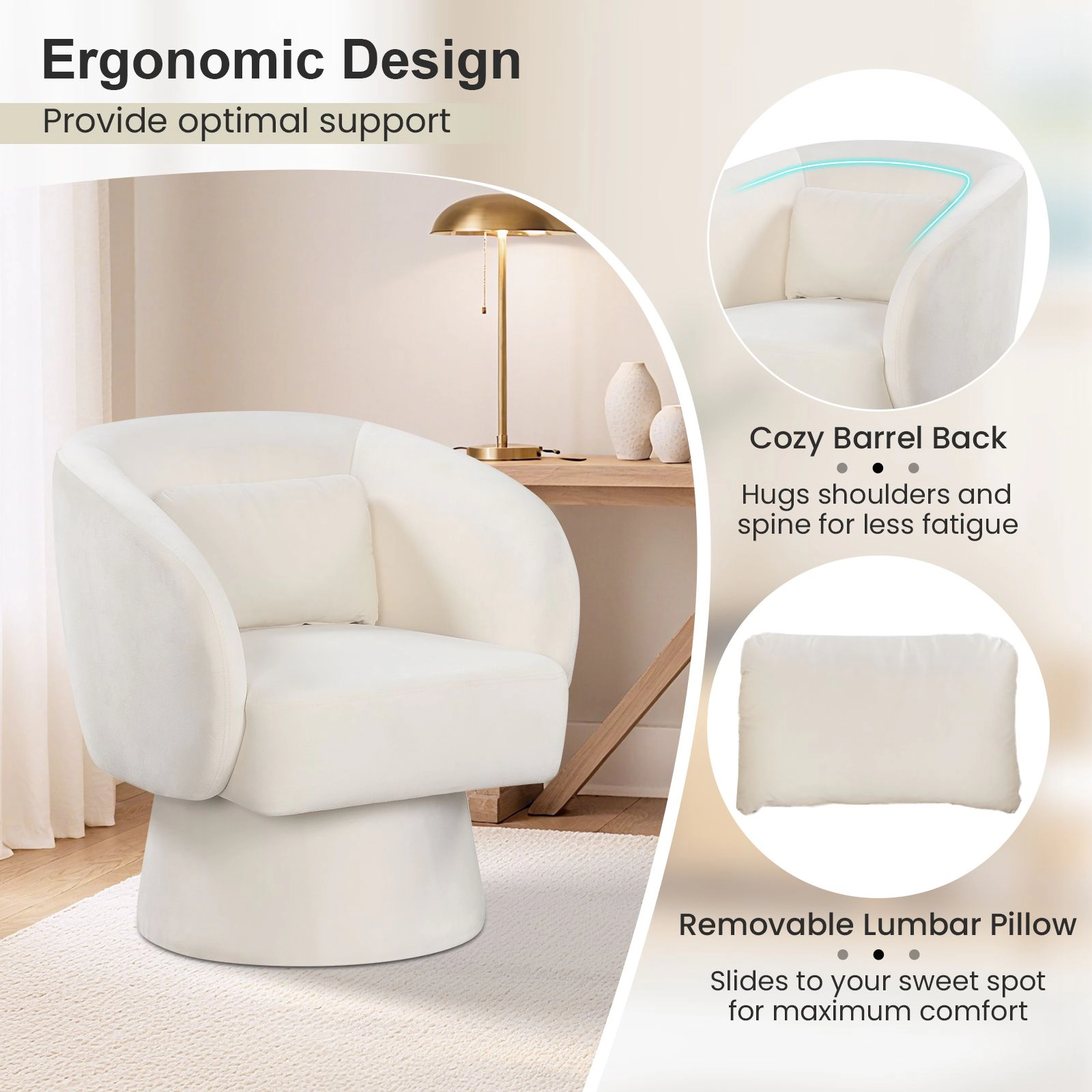 SlickBlue Unisex 360° Swivel Accent Chair with Lumbar Pillow