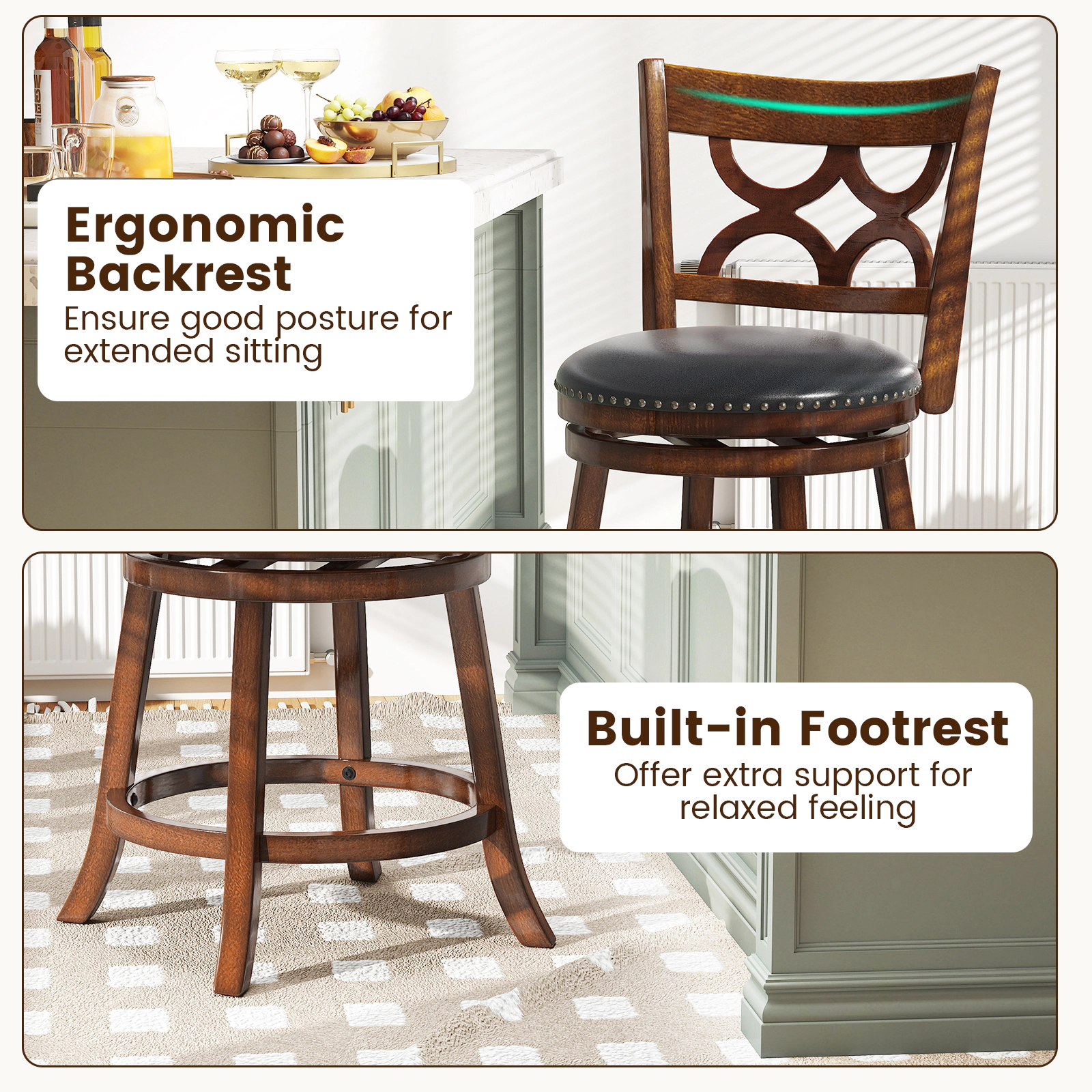 SUGIFT 360° Swivel Bar Stool 330-lb Capacity PVC Leather Seat Expresso