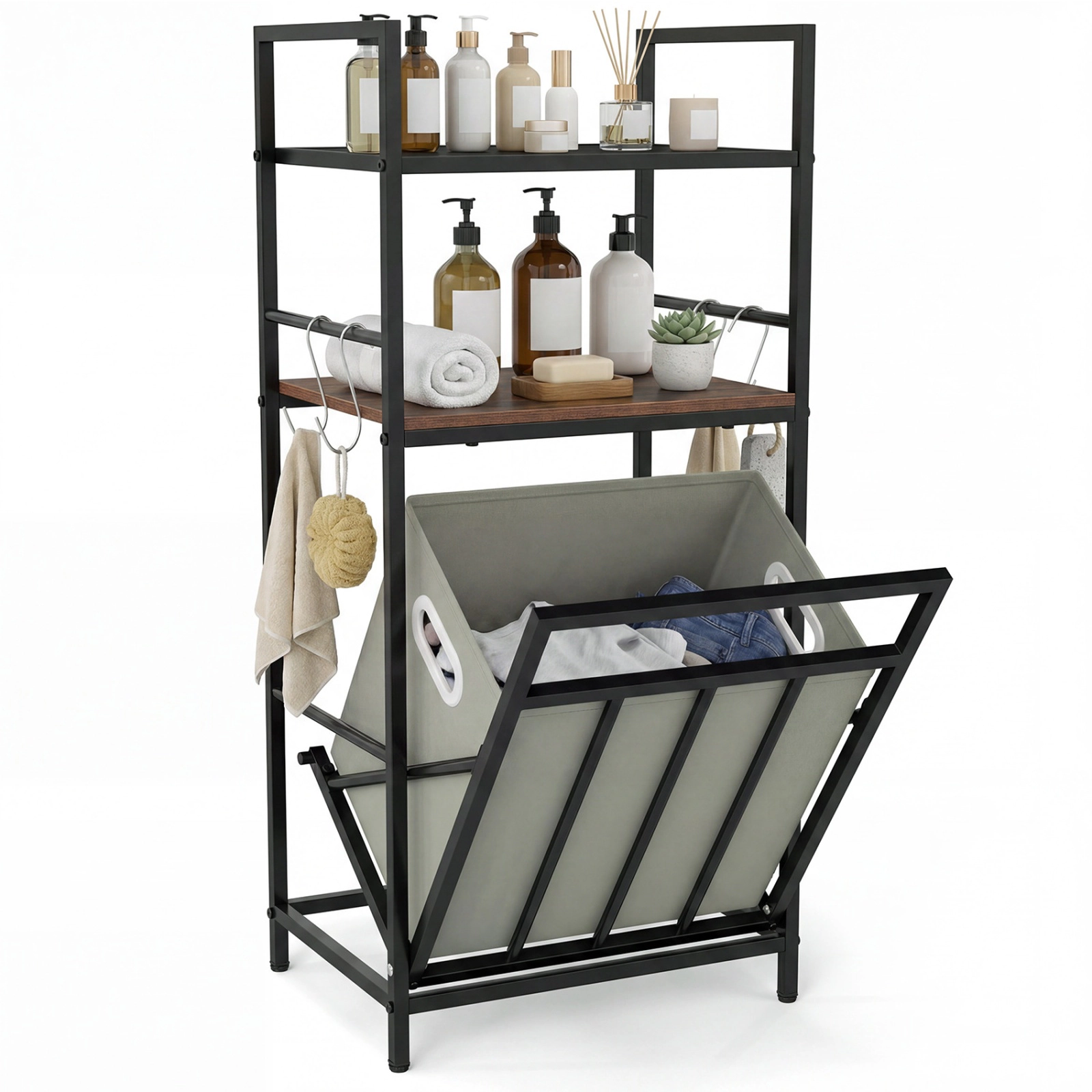 SUGIFT 2 Tier Laundry Hamper Black with Tilt-Out Basket Mesh Shelf and 4 Hooks
