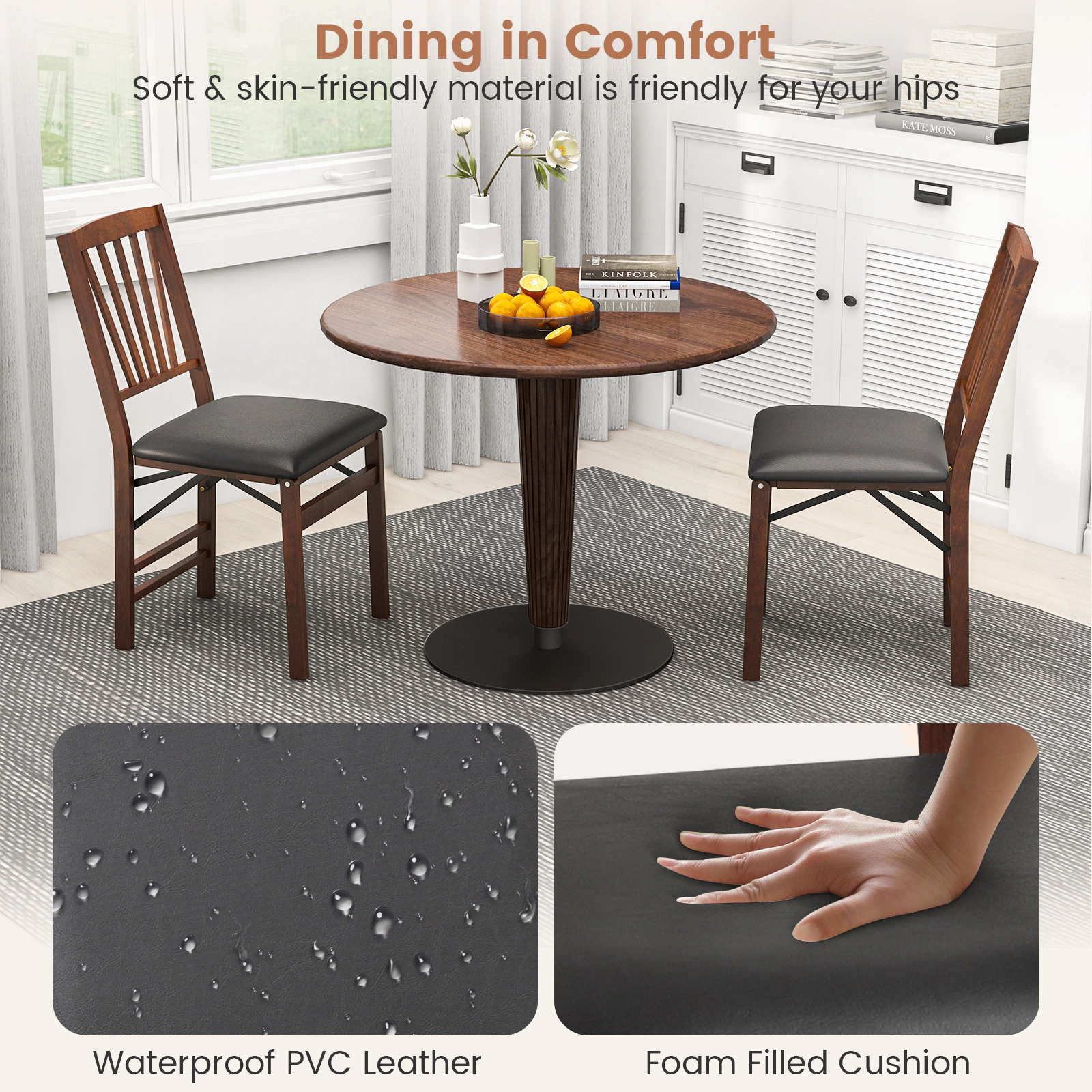 SUGIFT Folding Dining Chairs Set of 2, Brown PU Leather, Rubber Wood, 400 lb Capacity
