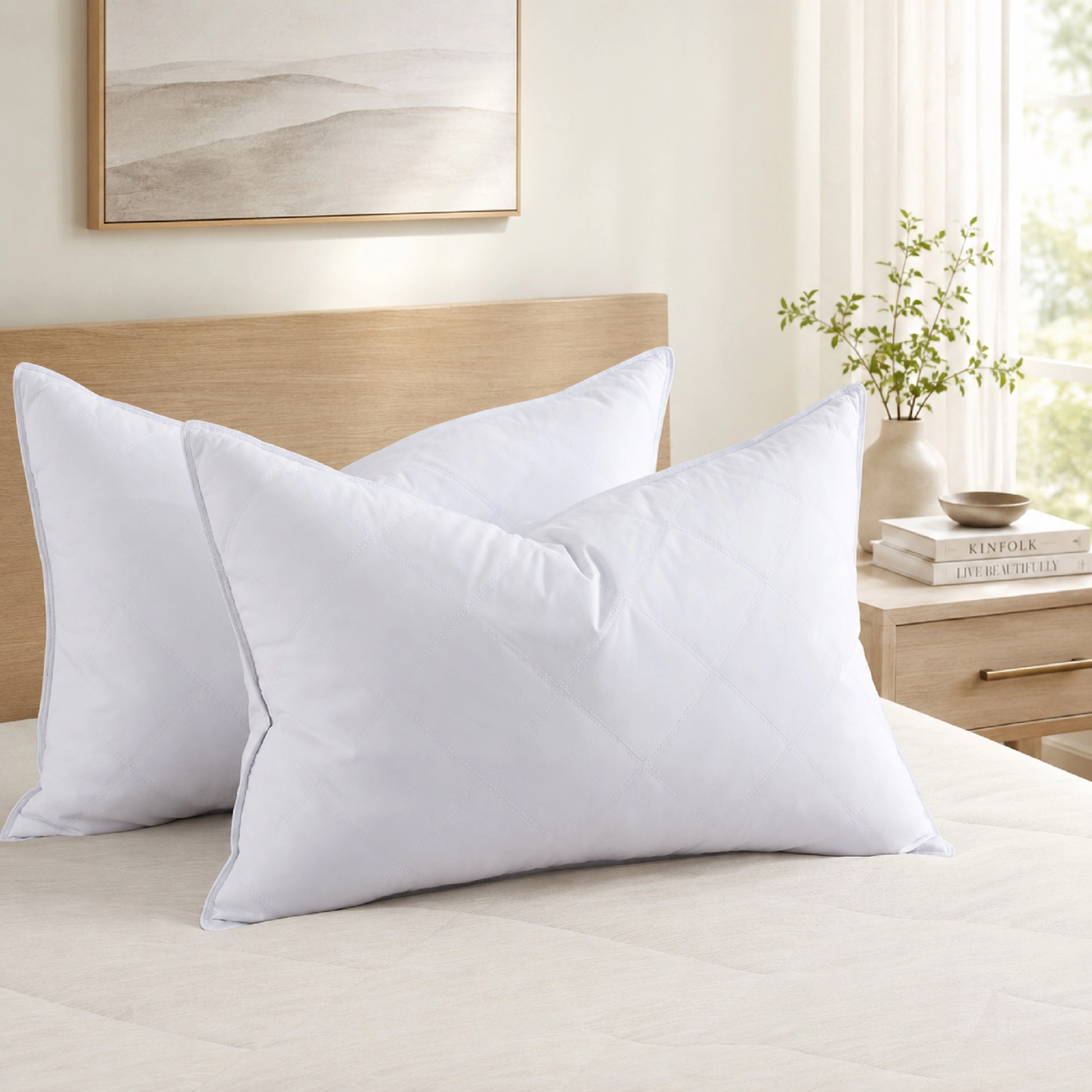 Unikome Quilted Goose Feather Pillow Medium Firm Bed Pillows with Soft Shell Set of 2