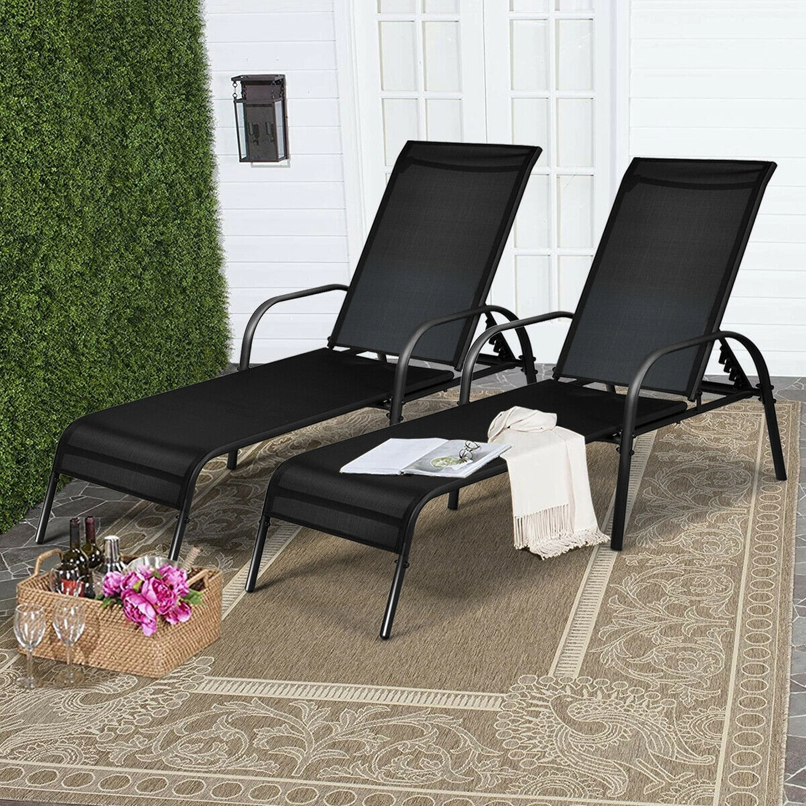 SUGIFT Set of 2 Outdoor Chaise Lounge Chairs, 5-Position Reclining Patio Loungers, Black