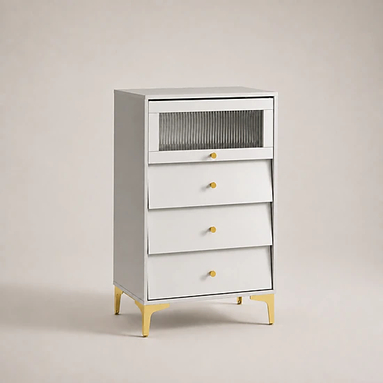 SUGIFT Gray Flip-Up Fluted Glass Door and 3 Pull-Out Drawers Modern Storage Cabinet