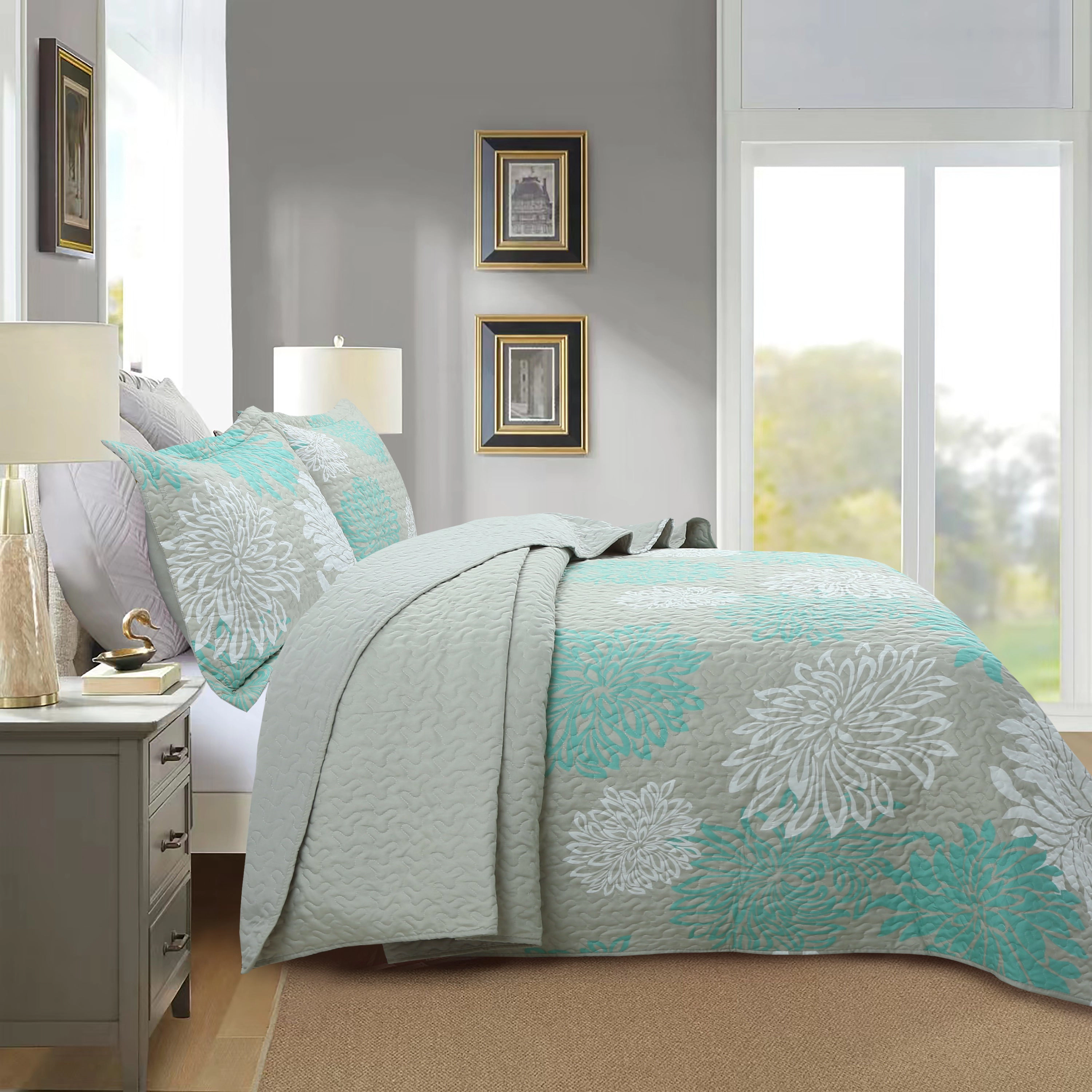 MarCielo 3 Piece Printed Leaf Lightweight Quilt Bedspread Set