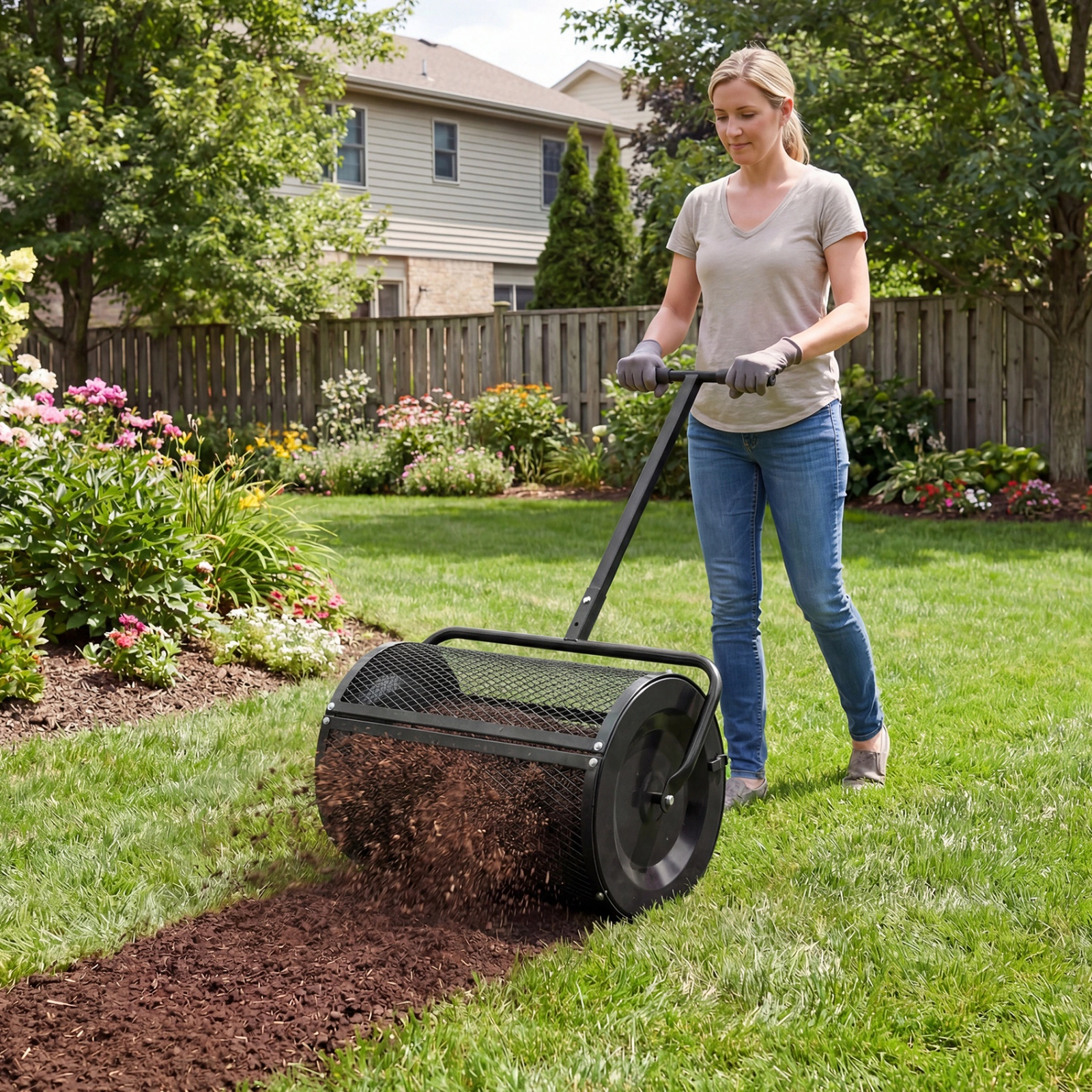 SUGIFT 24-in 2.7-cu ft Compost Spreader Peat Moss Roller with Height Adjustable T-Shape Handle