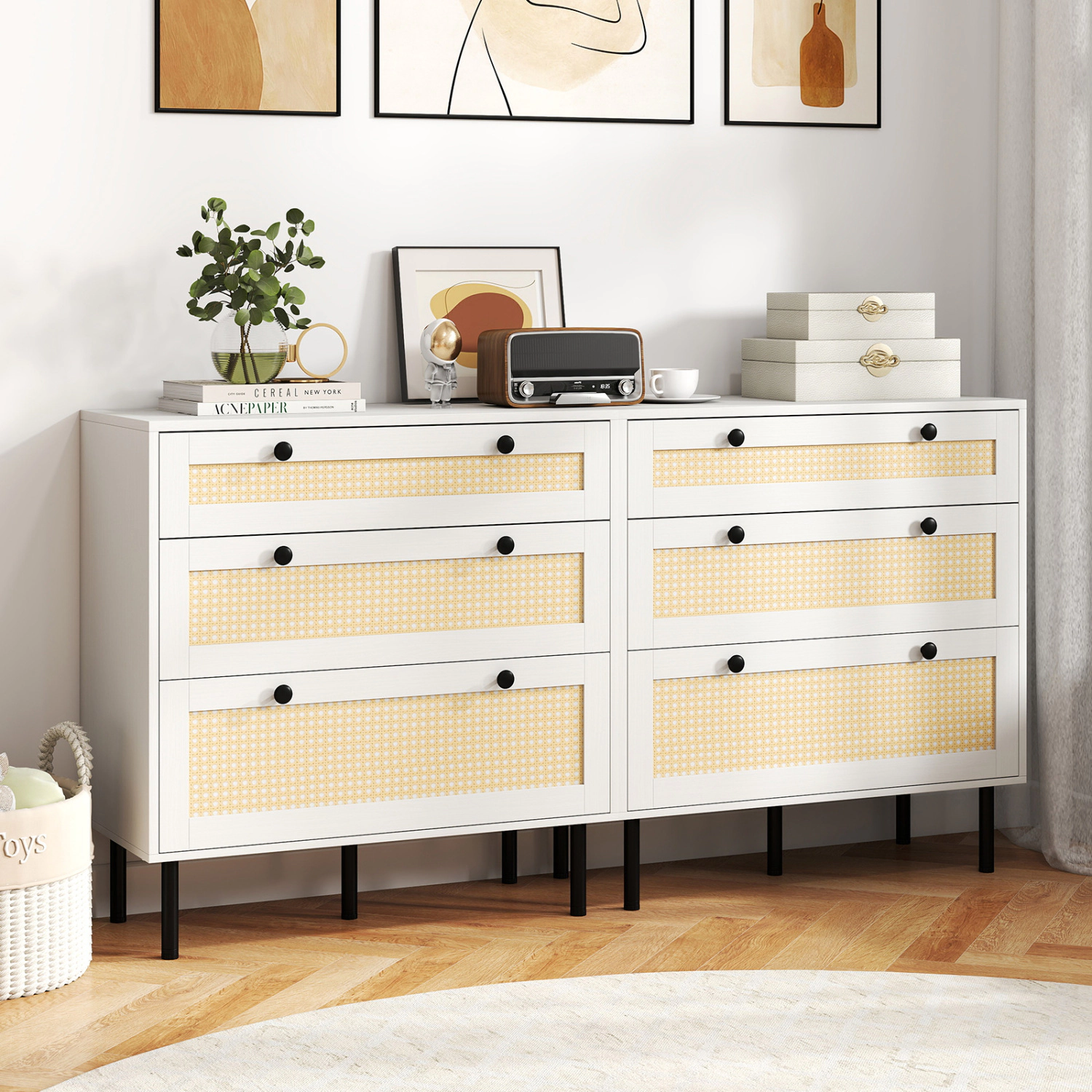 LJG 3-Drawer Rattan Nightstand Boho Chest of Drawers for Bedroom