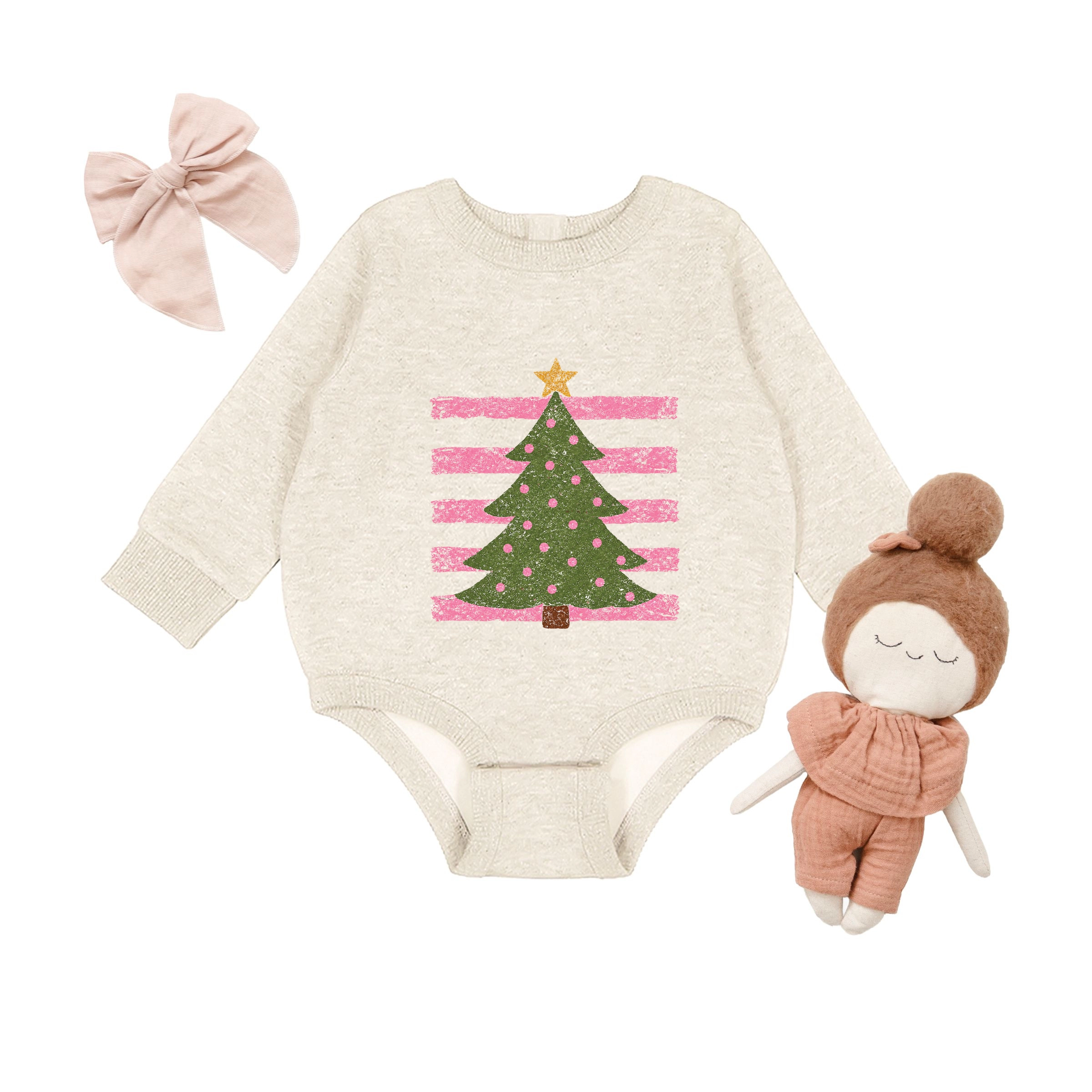 The Juniper Shop - Infant Fleece BodySuit Christmas Tree Pink Stripes