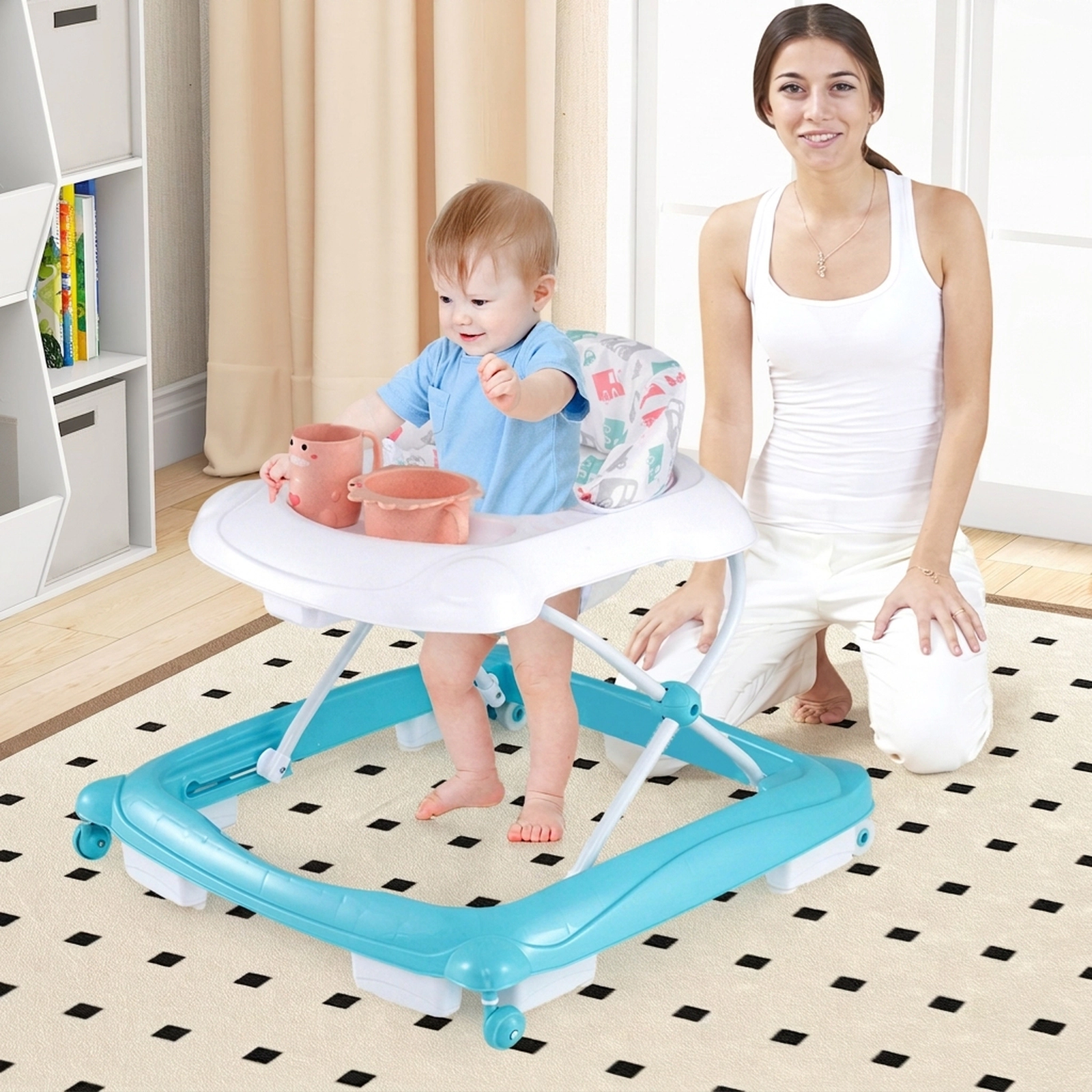 Foldable 3-Height Adjustable Baby Walker with Music Tray Padded Seat and Universal Wheels Green Sit-in Walker