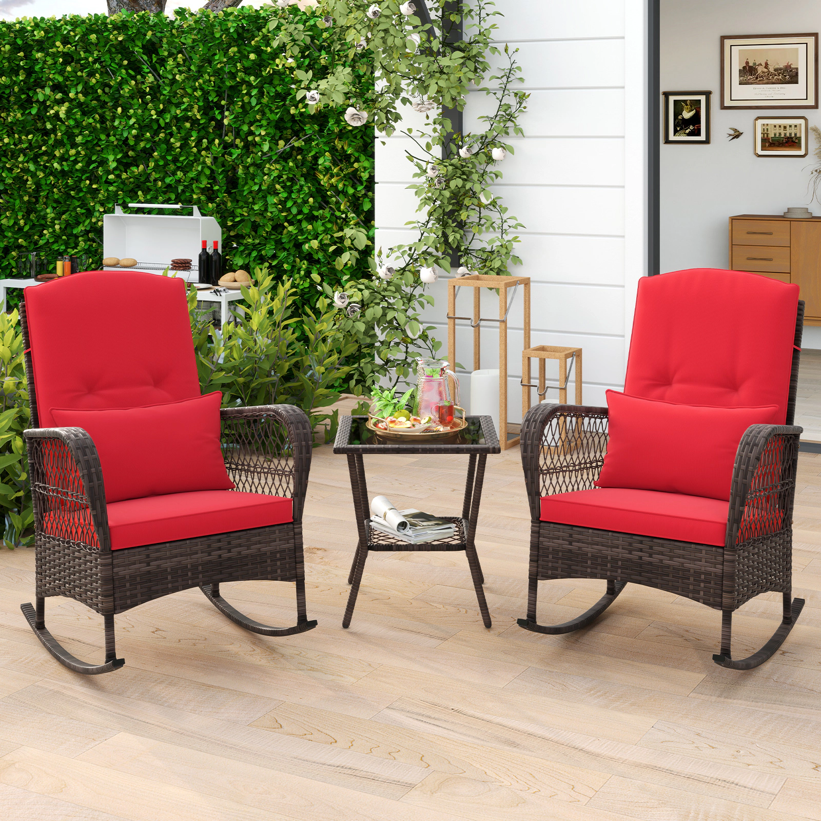 SUGIFT 3-Piece Rocking Bistro Conversation Set 2-Tier Coffee Table 440-lb Rocker Capacity Mix Brown Rattan Red Cushions