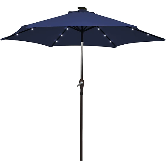 SUGIFT 10-ft Solar LED Lighted Outdoor Patio Umbrella with Crank Lift, Push-Button Tilt and Vented Canopy Dark Blue