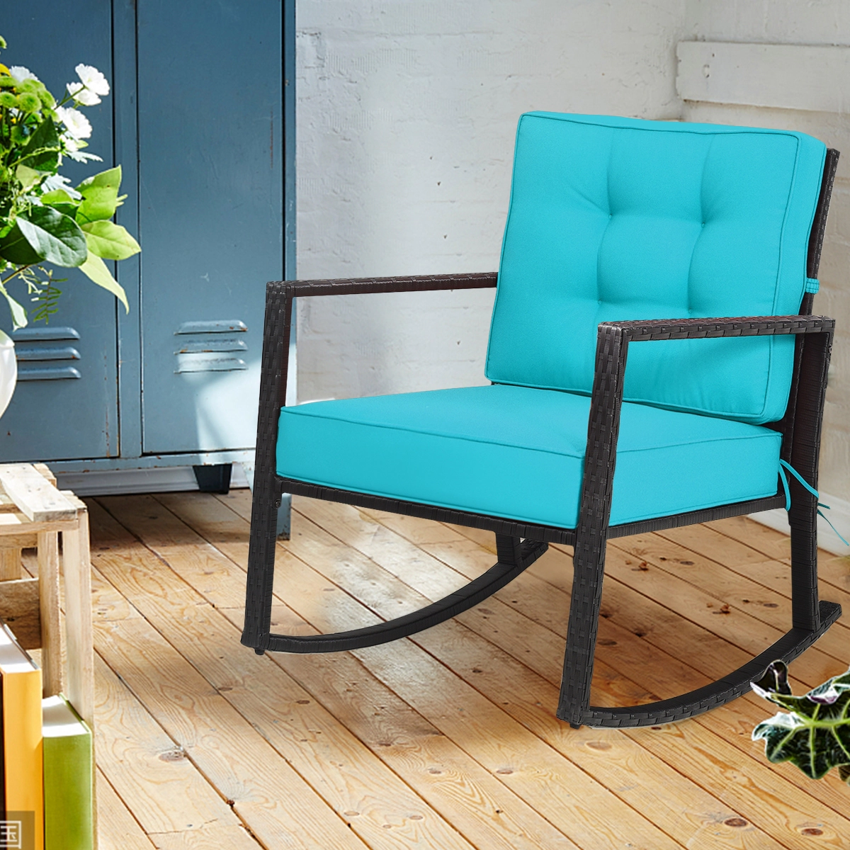 SUGIFT Turquoise Rattan Outdoor Rocking Chair, 360 lb Capacity, Iron Frame, 5 in Seat Cushion
