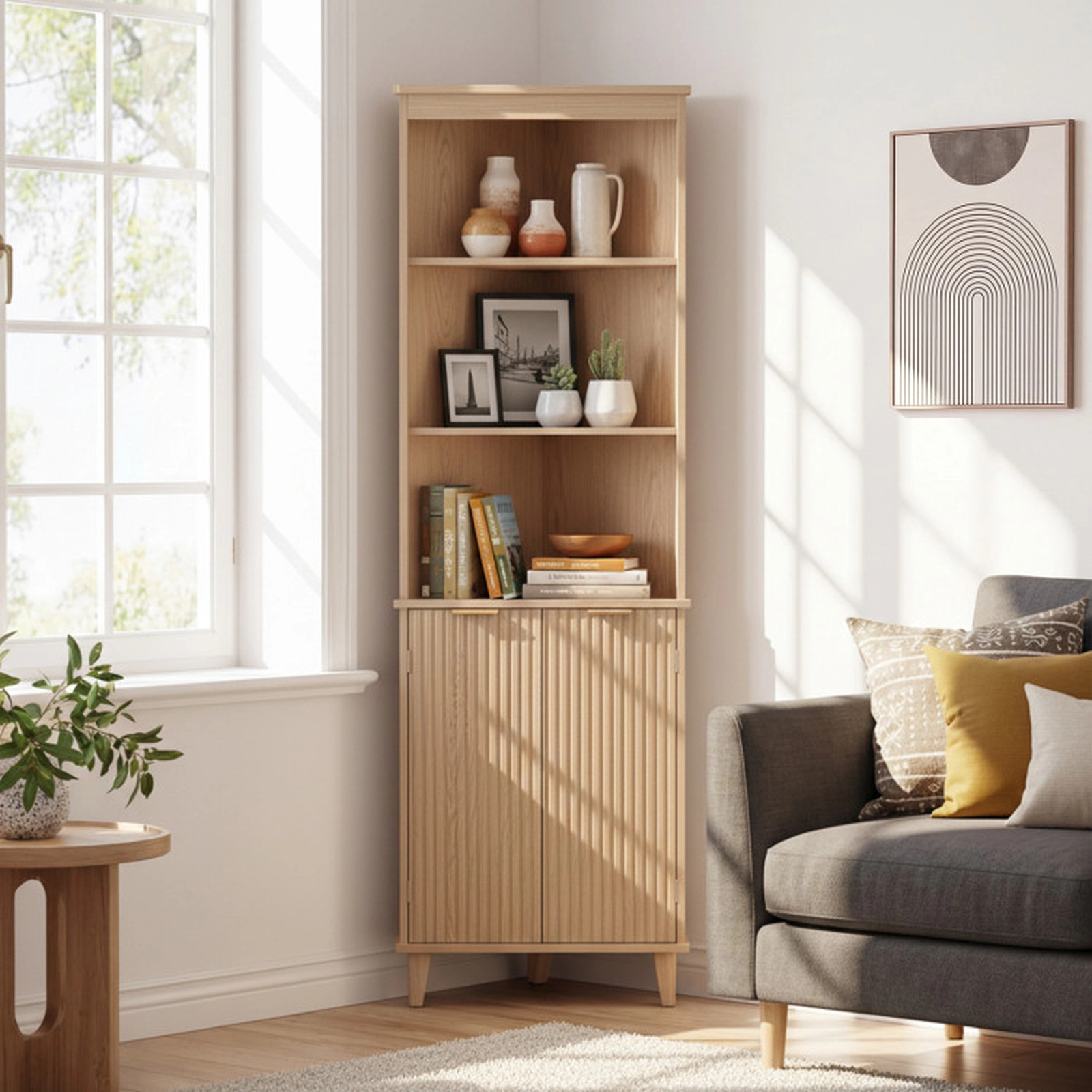 SUGIFT Oak 55-lb Per Shelf 68-in Tall Corner Bathroom Storage Cabinet with Fluted Doors and Rubber Wood Legs