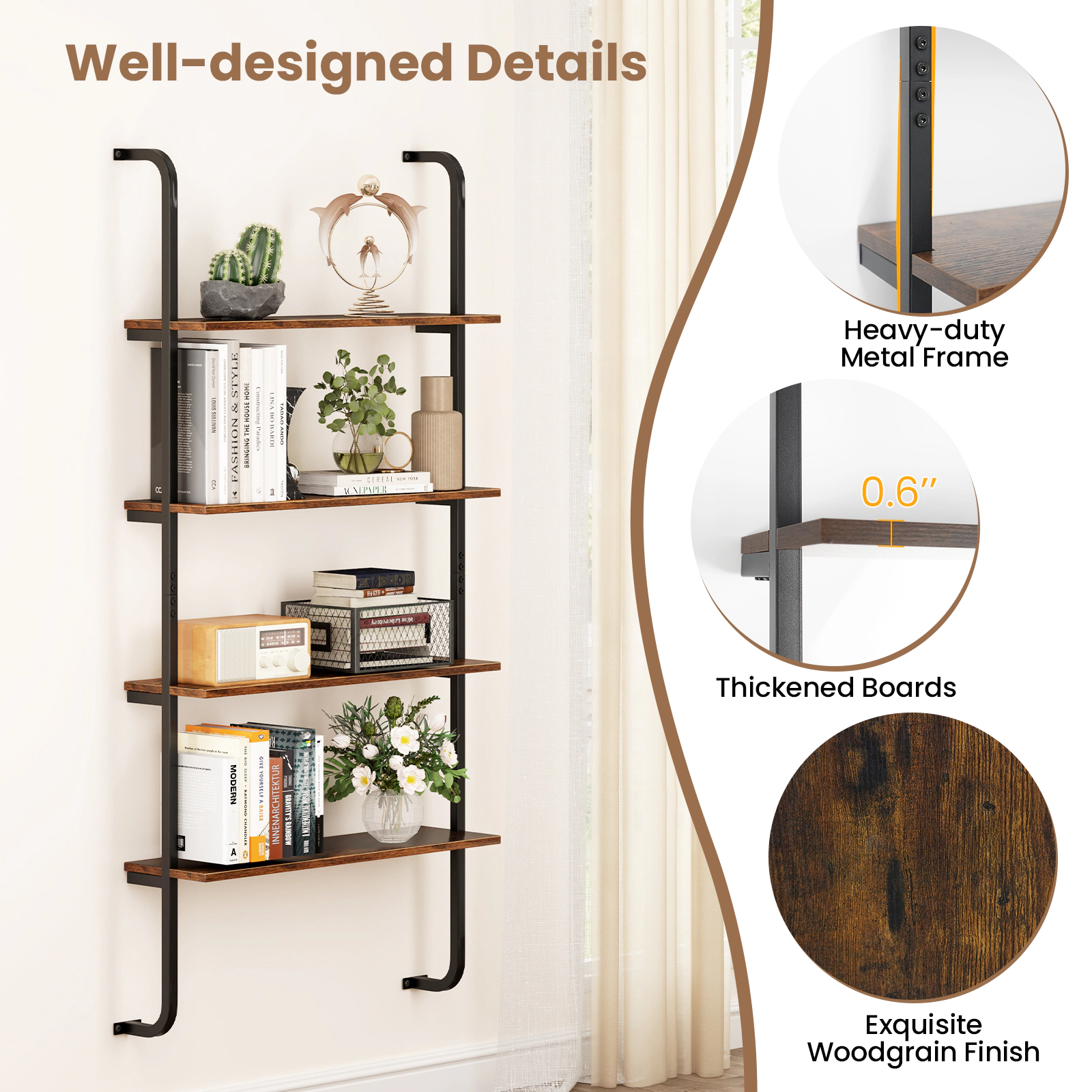 SUGIFT 4-Tier 59-in Industrial Pipe Wall Shelf Bookshelf with Metal Frame and 45-lb Wood Boards for Study
