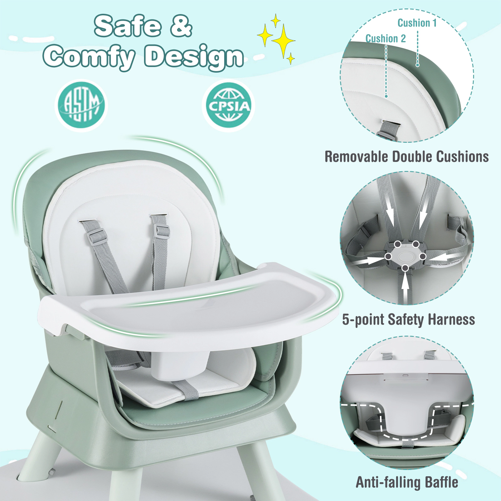 Easy-Clean 6-in-1 Baby Highchair Dishwasher-Safe BPA-Free Tray Removable Cushion Anti-Falling Barrier Green