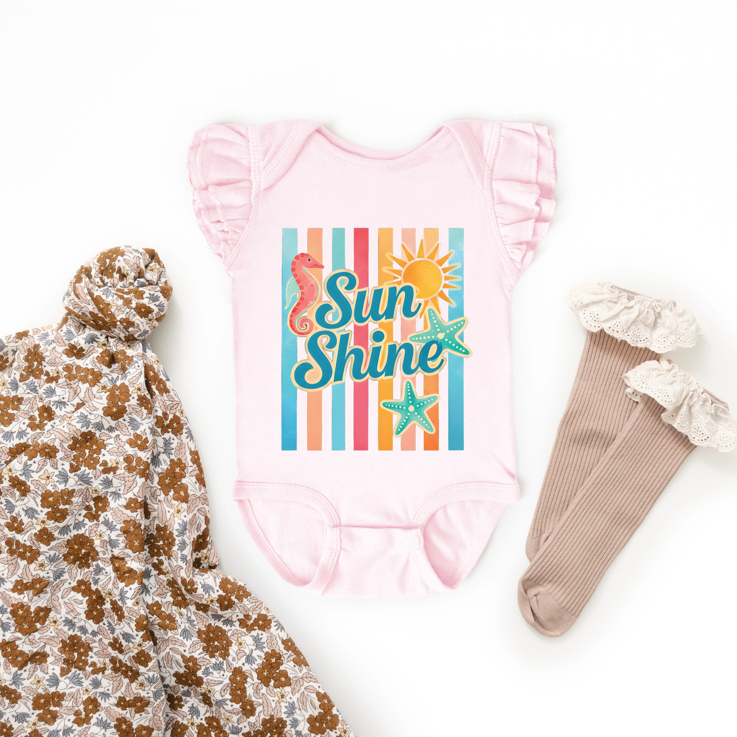 The Juniper Shop - Sunshine Seahorse Stripes Baby Flutter Sleeve Bodysuit