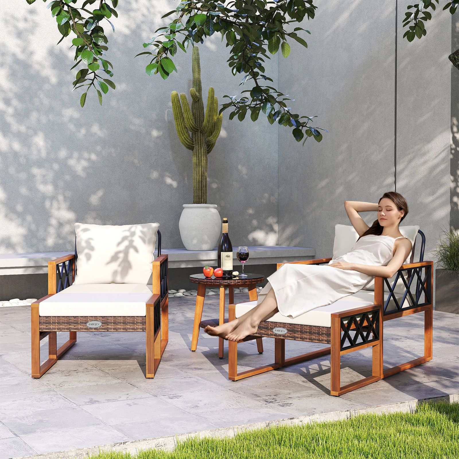 LJG 5 Pieces Patio Furniture Set PE Rattan Outdoor Conversation Set with Acacia Wood