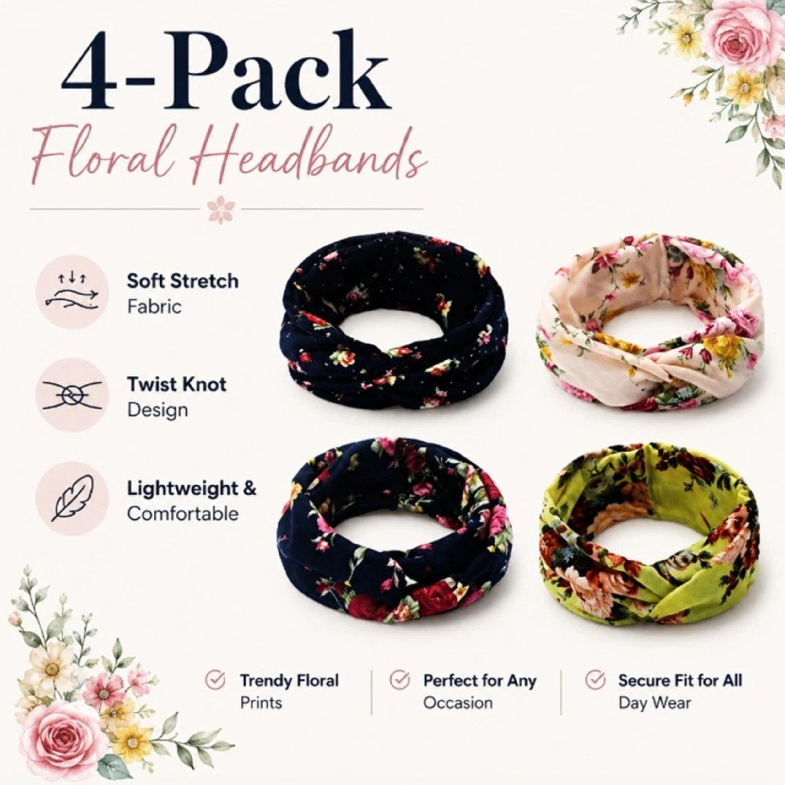 Home Collection Pack of 4 Floral Turban Headbands for Women Wide Elastic Hair Bands