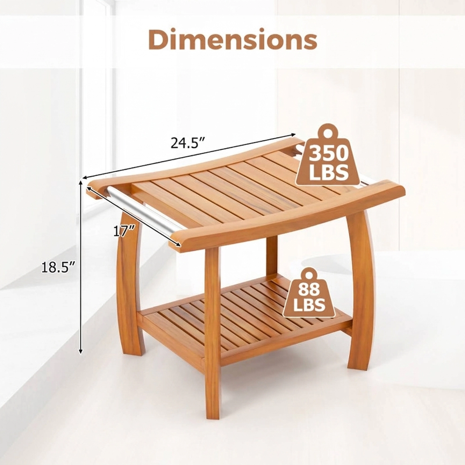 SUGIFT 24.5-Inch 2-Tier Teak Shower Bench, 350-Lb Capacity, Curved Legs