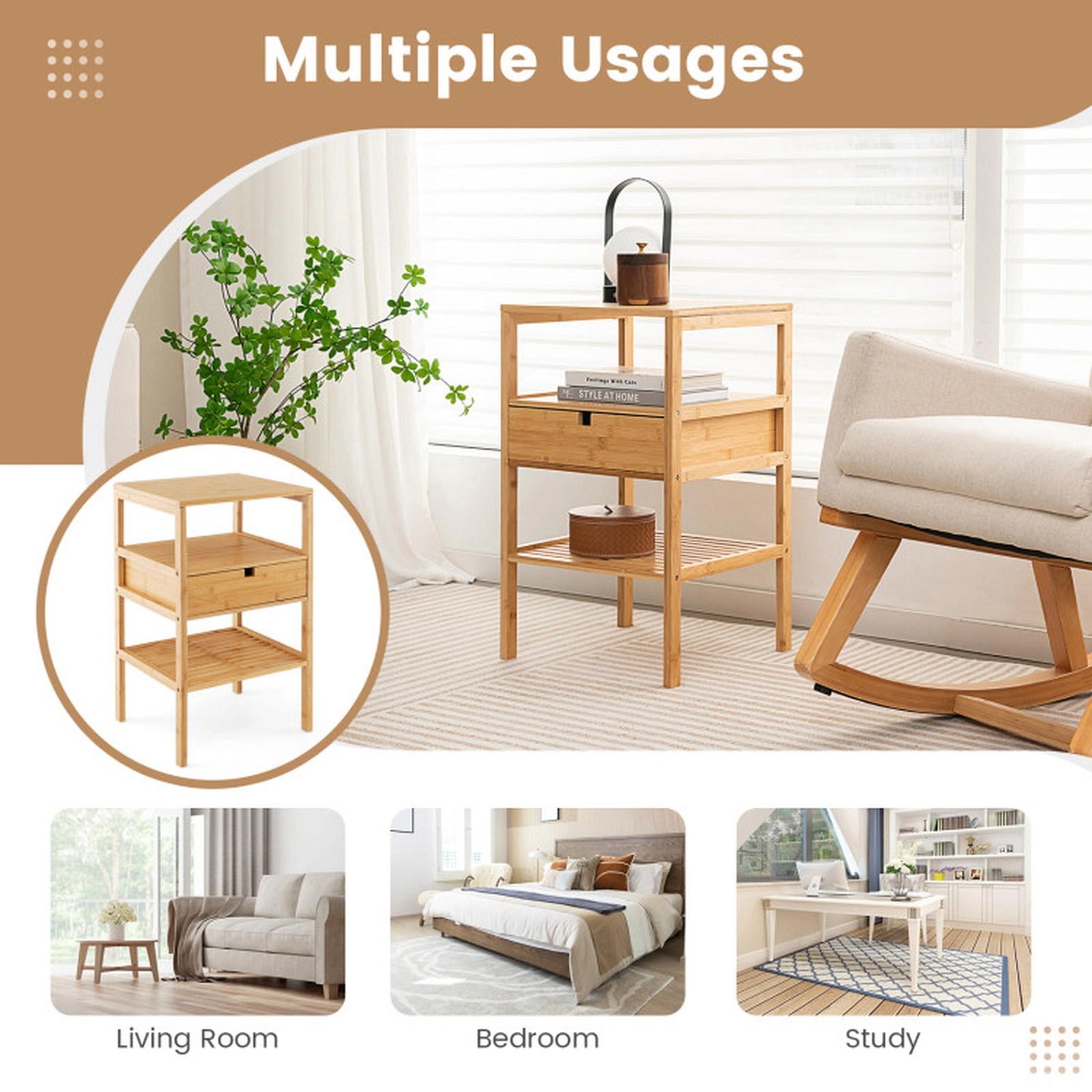 SUGIFT Bamboo Nightstand with Storage Drawer and Slatted Shelf 66-lb Tabletop Capacity Natural