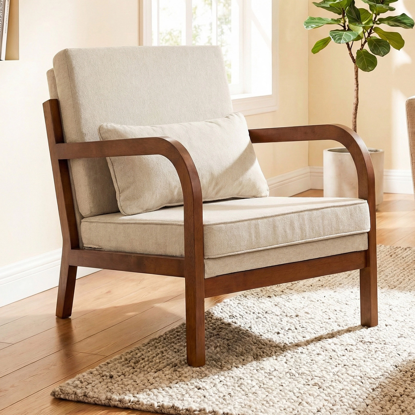 SUGIFT Modern Rubber Wood Accent Armchair Faux Leather Linen Upholstery 400-Lb Capacity 33-in Frame Brown Beige 1-Piece