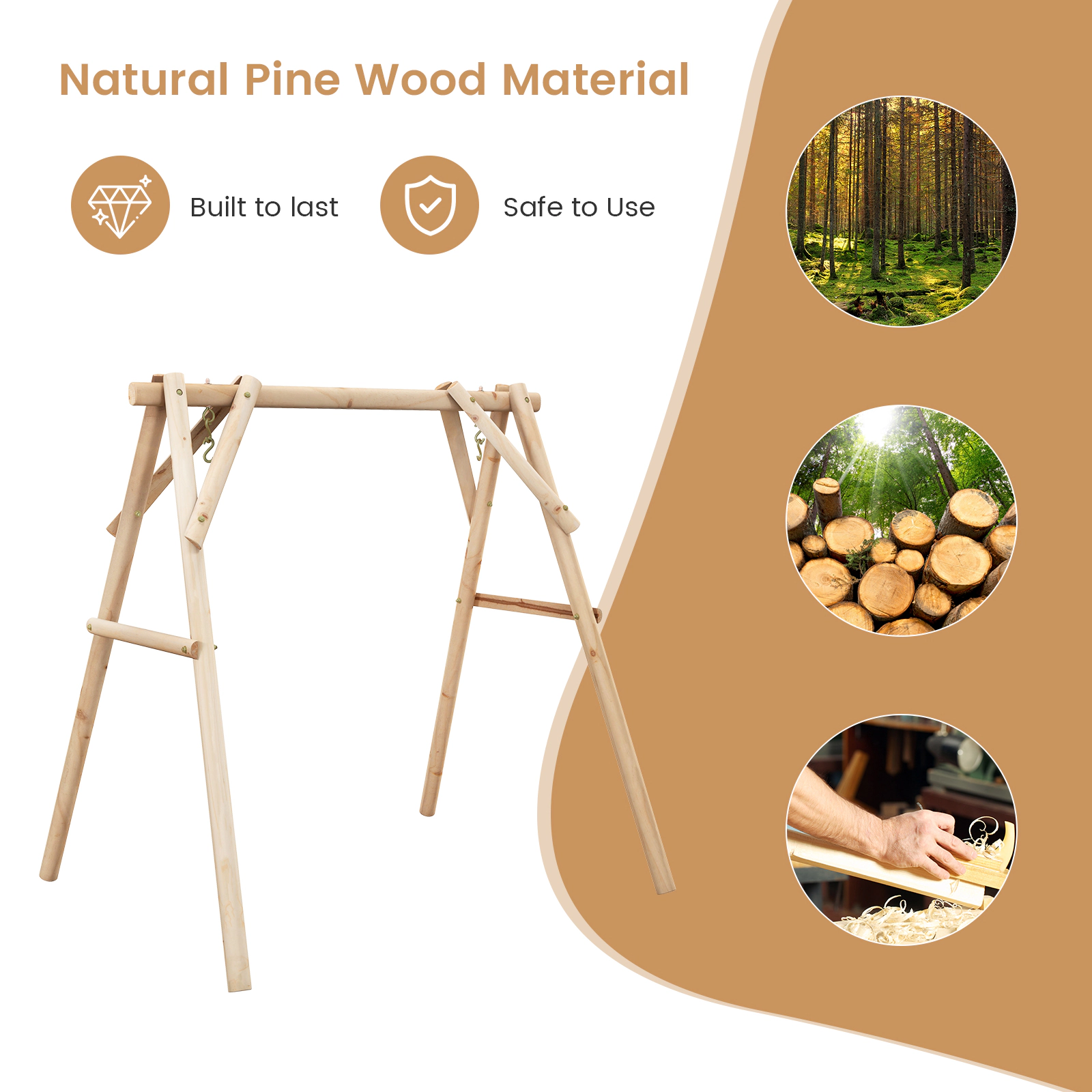 SUGIFT Heavy Duty Wooden Swing Frame Natural Pine Wood A-Frame Stand with Reinforced Bars