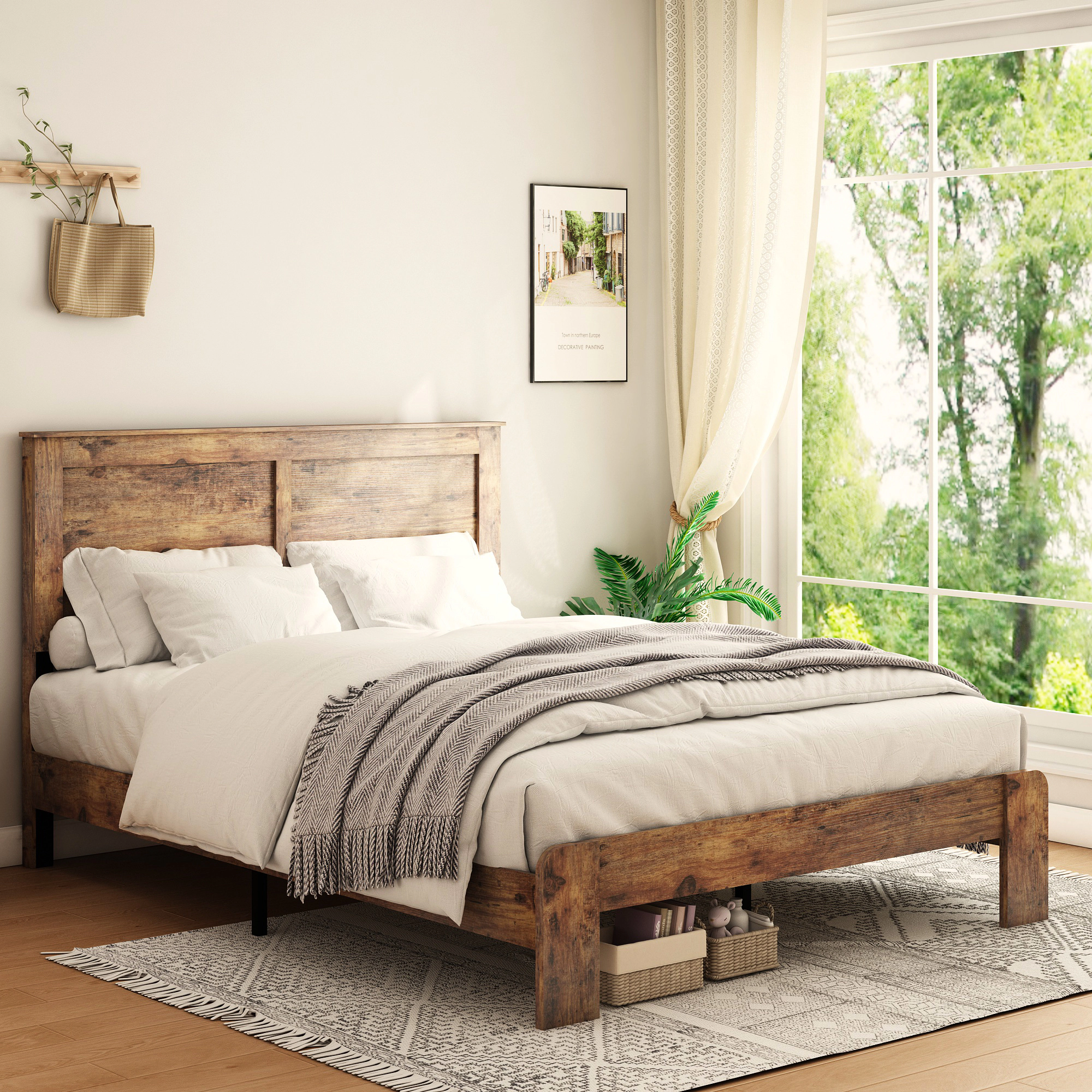 Flynama King Wood Platform Bed, Noise-Free, Large Under-Bed Storage, Dark Brown