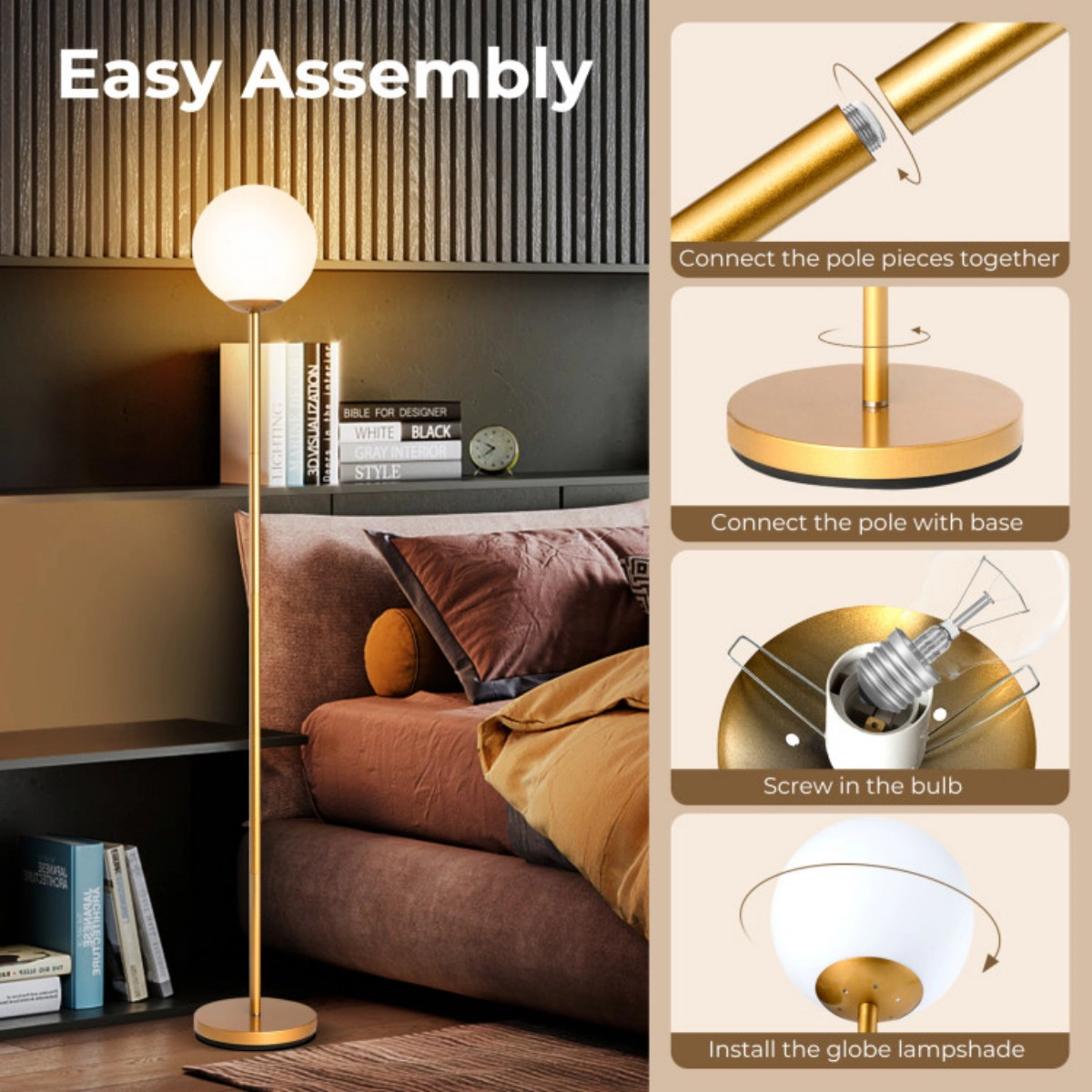 SUGIFT Glass Globe Shade Foot Switch Weighted Base Modern Floor Lamp 65-in Tall 9-in Diameter 60W Max E26 Golden