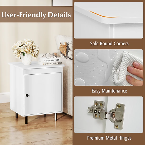 Glintex Mid-Century Nightstand with Enclosed Cabinet and 2 Anti-Tipping Kits, White