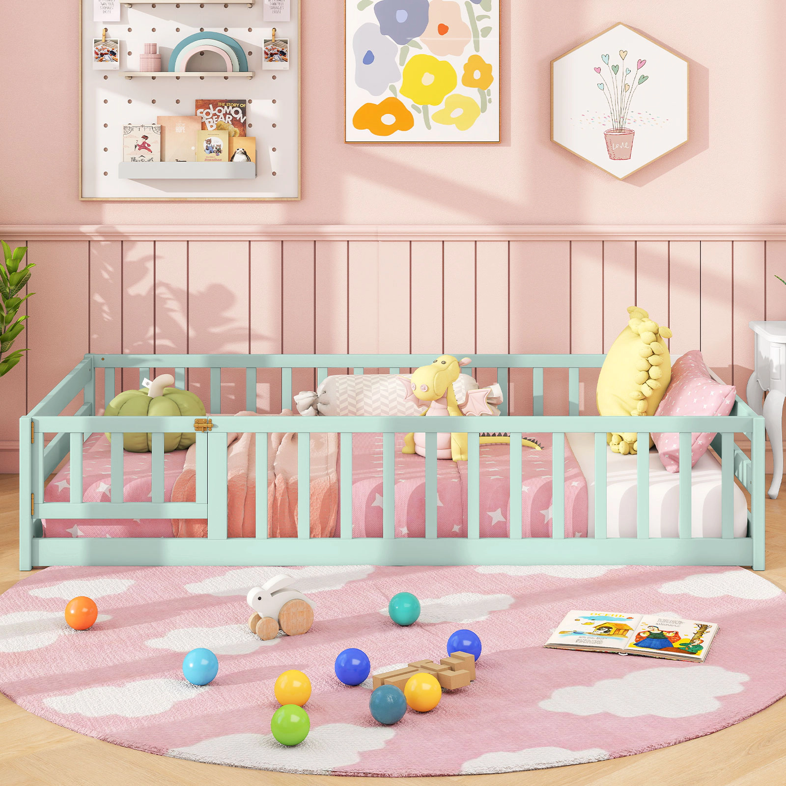SUGIFT Low-to-Ground Twin Montessori Floor Bed Frame Toddler Bed Full Length Safety Guardrails & Lockable Door Green