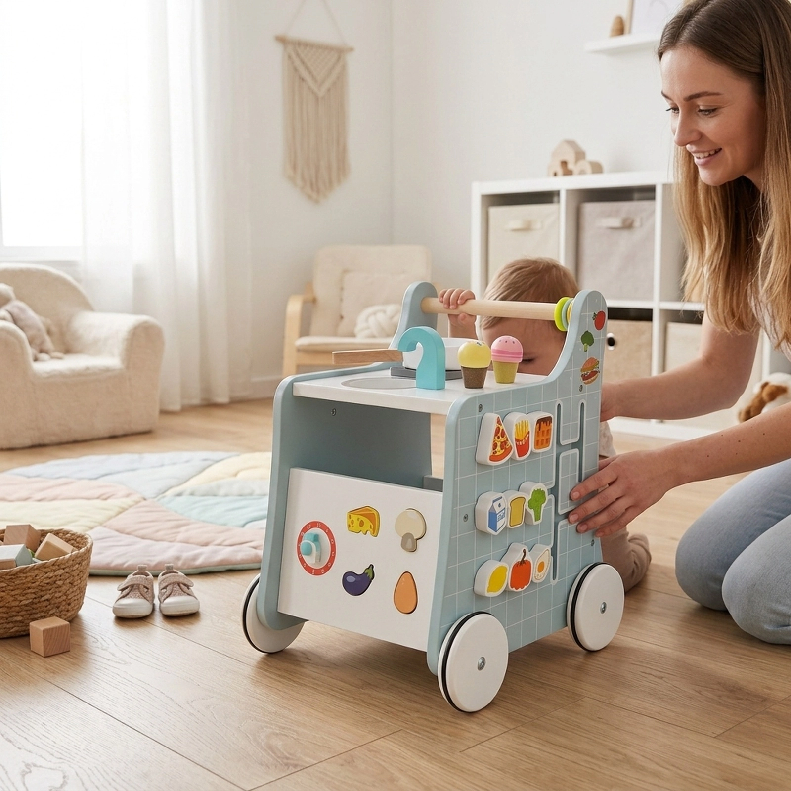 6-in-1 Wooden Baby Push Walker with Play Kitchen Shape Sorter Clock and Storage Box Blue Activity Walker