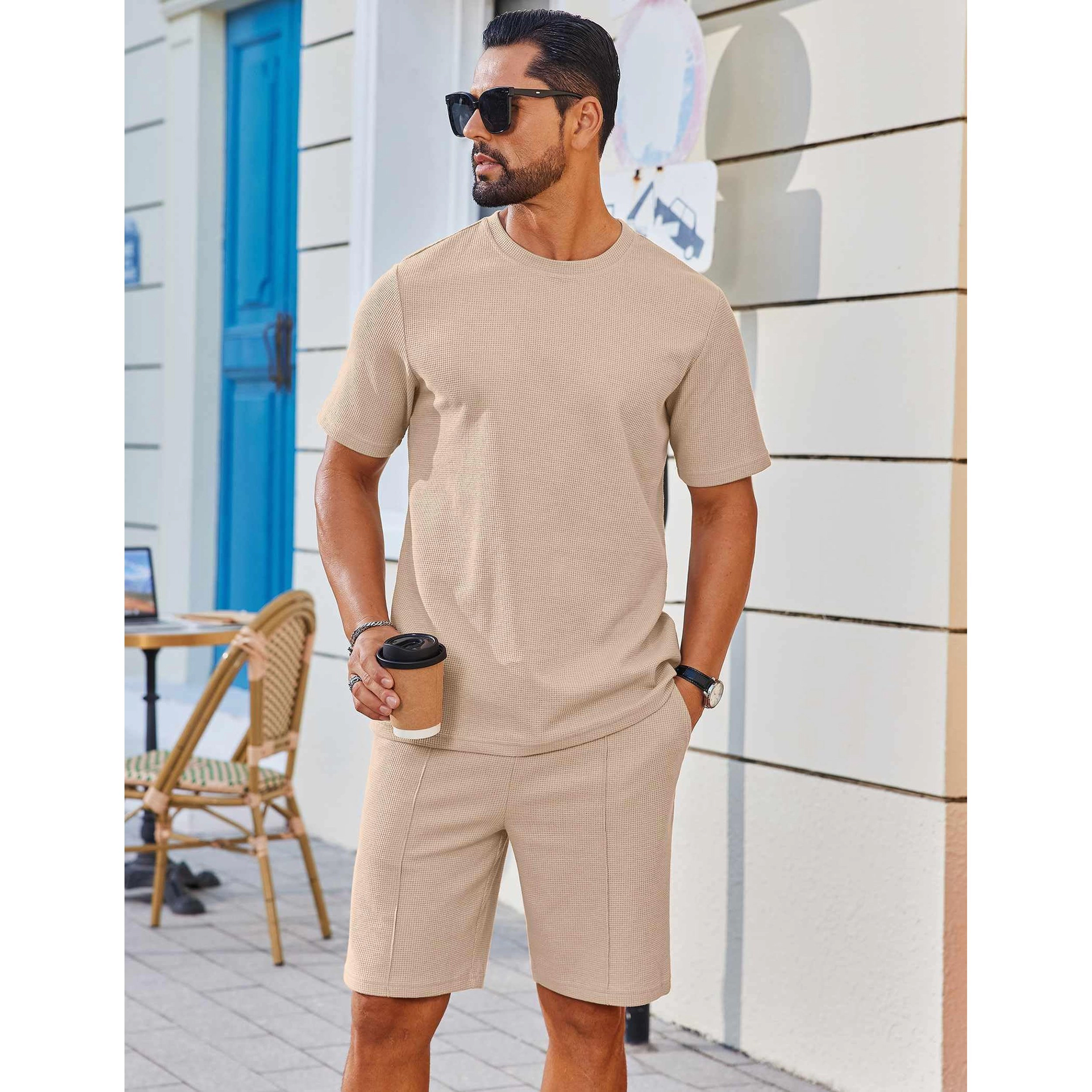 COOFANDY Men's Regular Fit Crew Neck Short Sleeve T Shirt and Shorts Two Piece Set