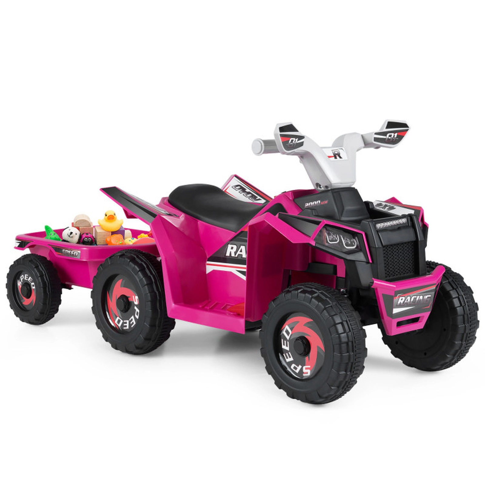 SUGIFT 6V Kids Electric ATV Quad Car with Detachable Trailer 66-lb Capacity Ages 3+ Ride-On 41-in Long Rose Red