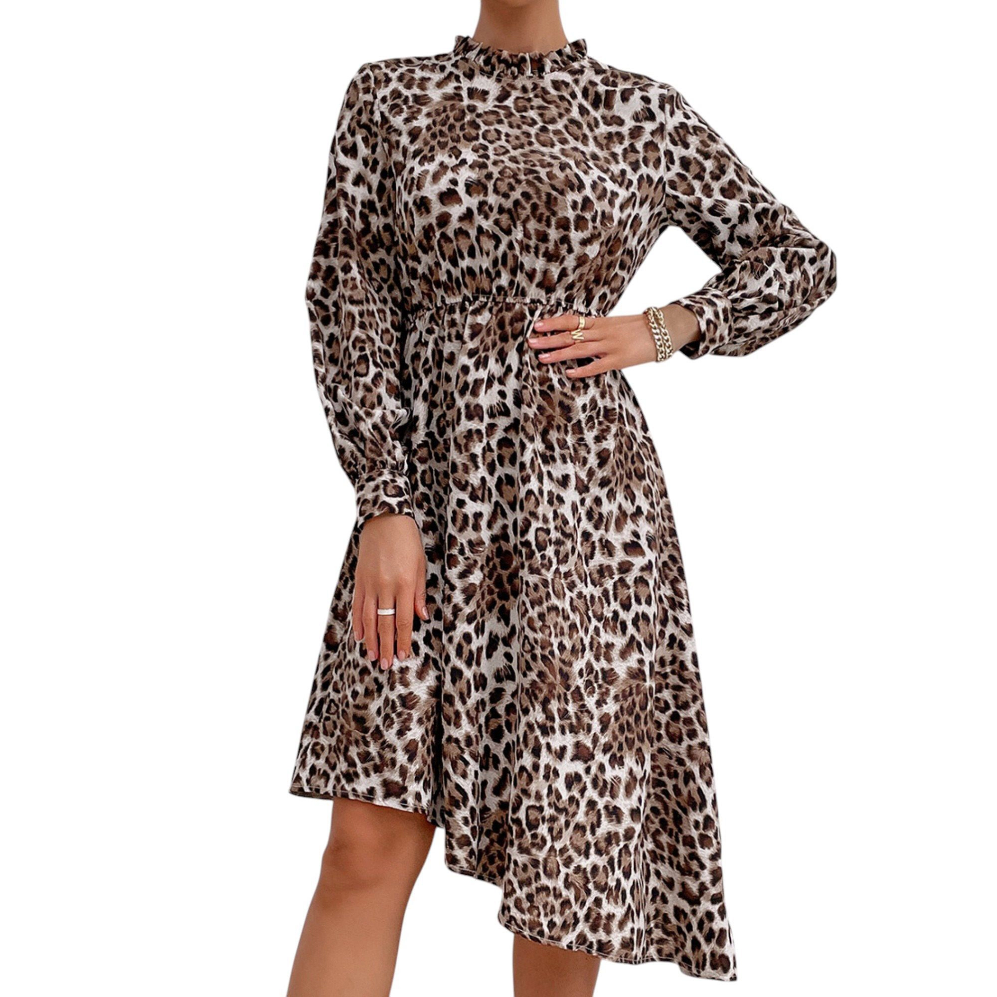 Anna-Kaci Women's Long Sleeve Leopard Print High Neck Asymmetrical Hem Midi Dress