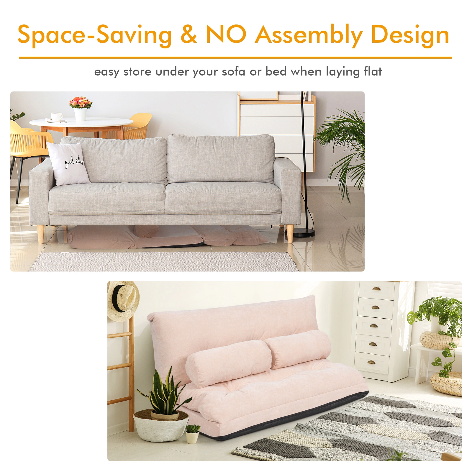 SUGIFT 6-Position Adjustable 330-lb Capacity Beige Corduroy Folding Floor Sofa Bed and Sleeper Couch