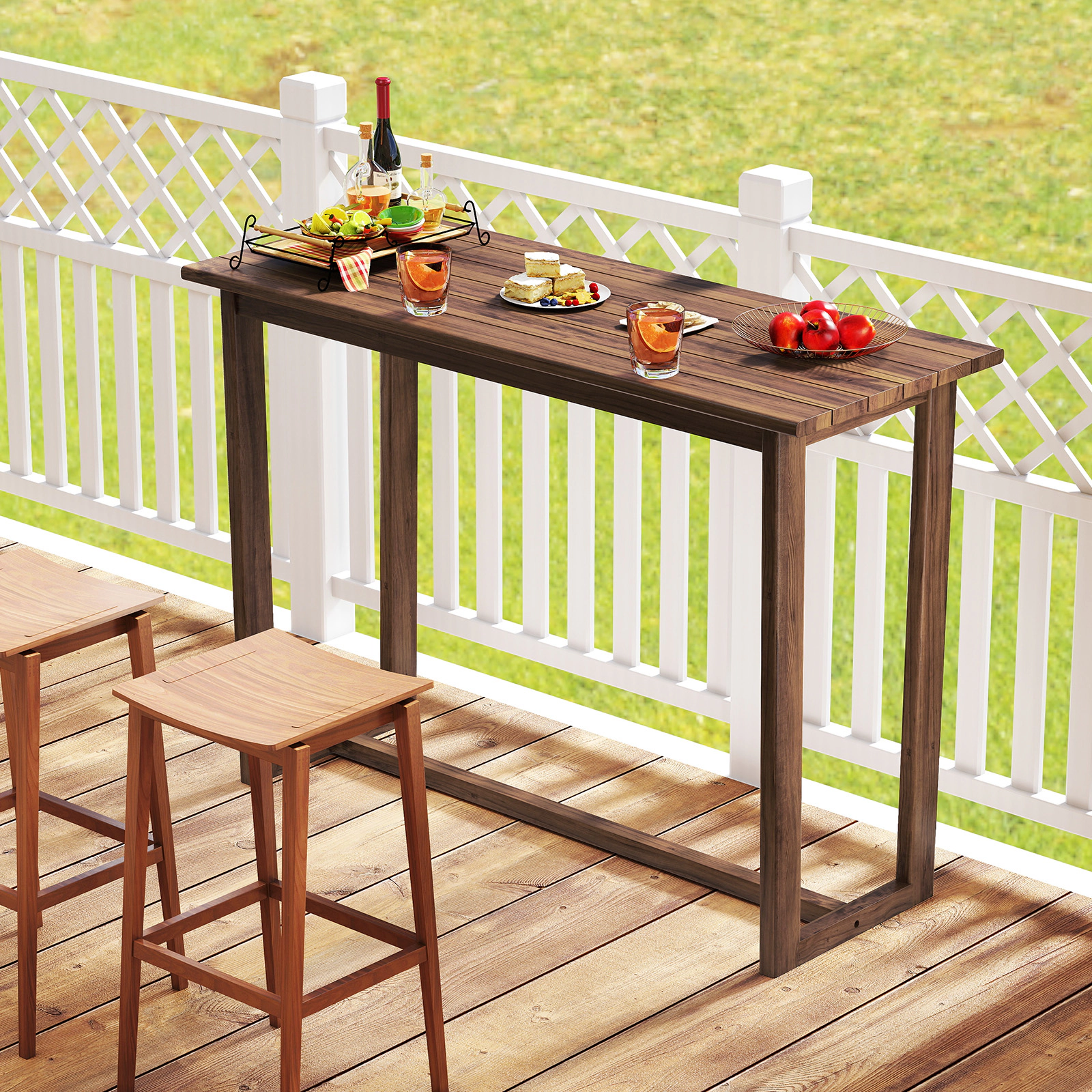 SUGIFT 59-in Slatted Teak Wood Outdoor Bar Table 220-lb Capacity 42-in Tall Natural for 28-32 in Barstools