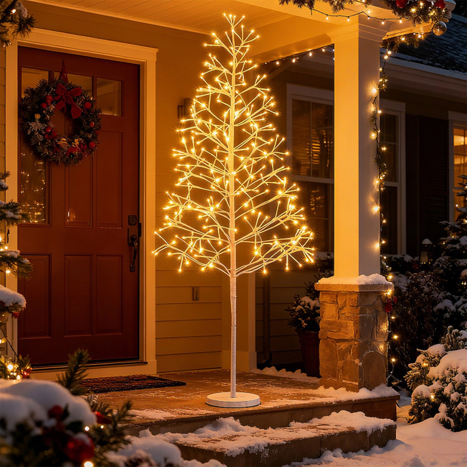 SUGIFT Lighted Birch Twig Christmas Tree with 240 LED Lights 5-ft Tall Metal PVC Frame Weighted Cement Base White