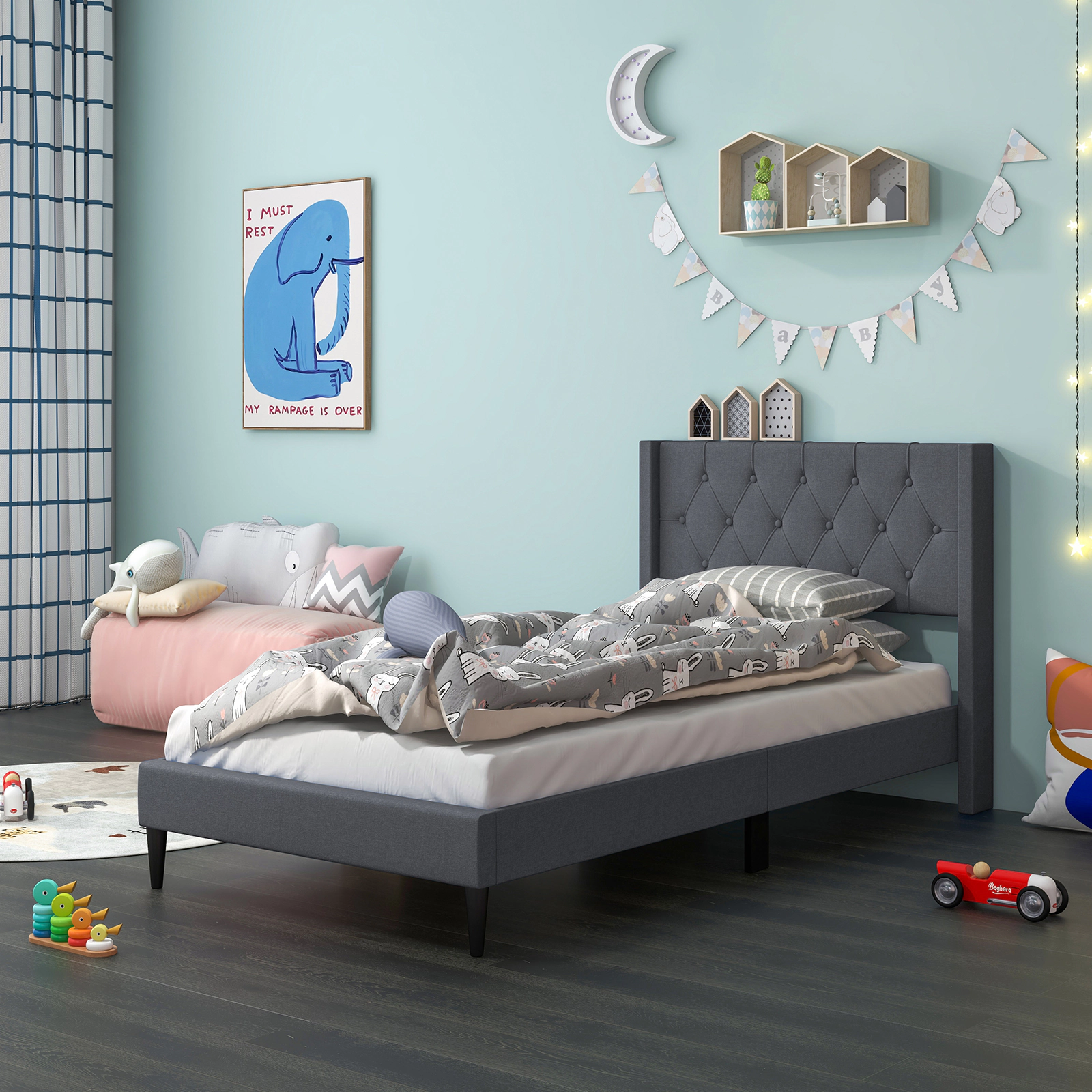 LJG Twin Size Upholstered Platform Bed with Button Tufted