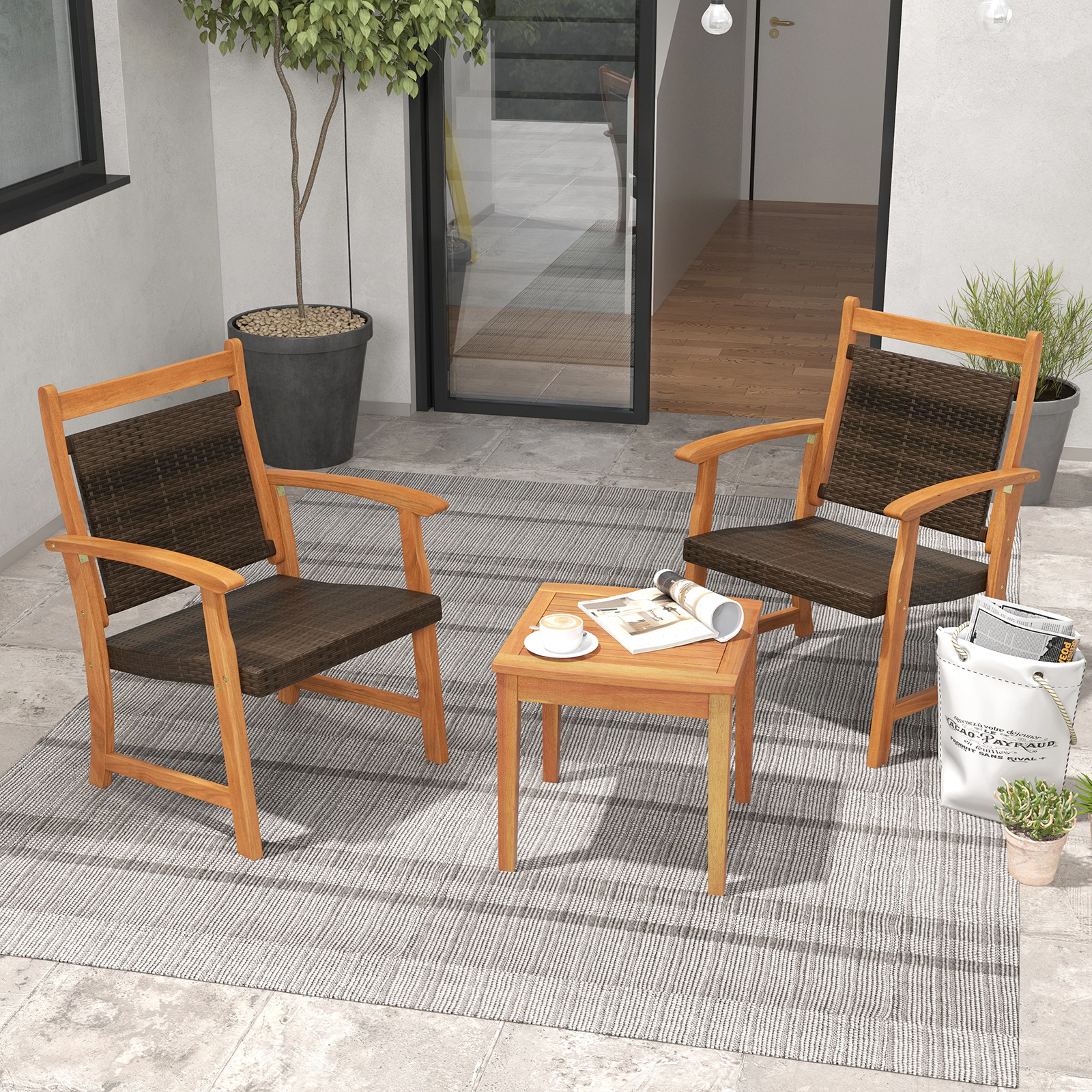 LJG 3 Pieces Rattan Bistro Set with Acacia Wood Frame for Garden