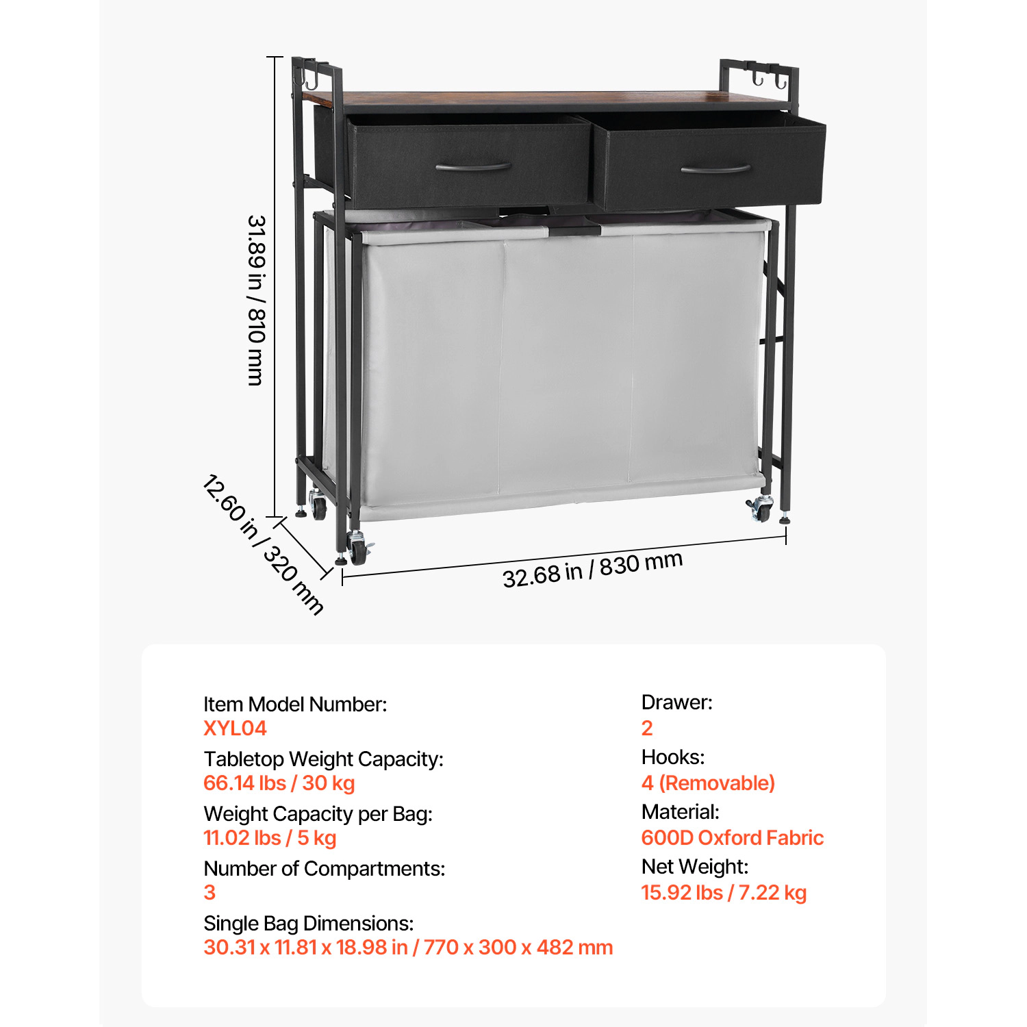 HONGGE Laundry Sorter Large Laundry Hamper with Metal Frame and Wooden Tabletop Freestanding Storage Organizer Baskets